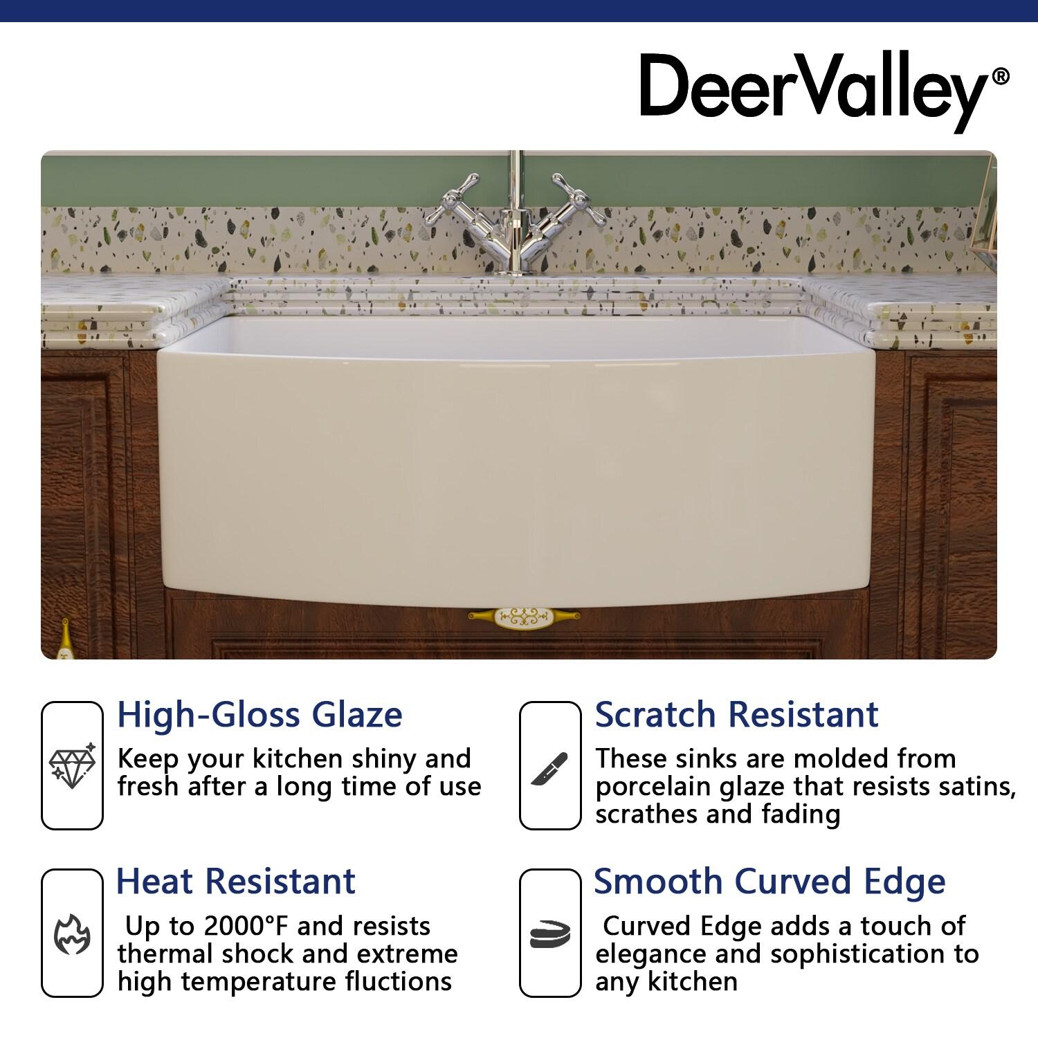 DeerValley Fireclay Single Basin Curved Farmhouse Kitchen Sink with Sink Grid and Basket Strainer