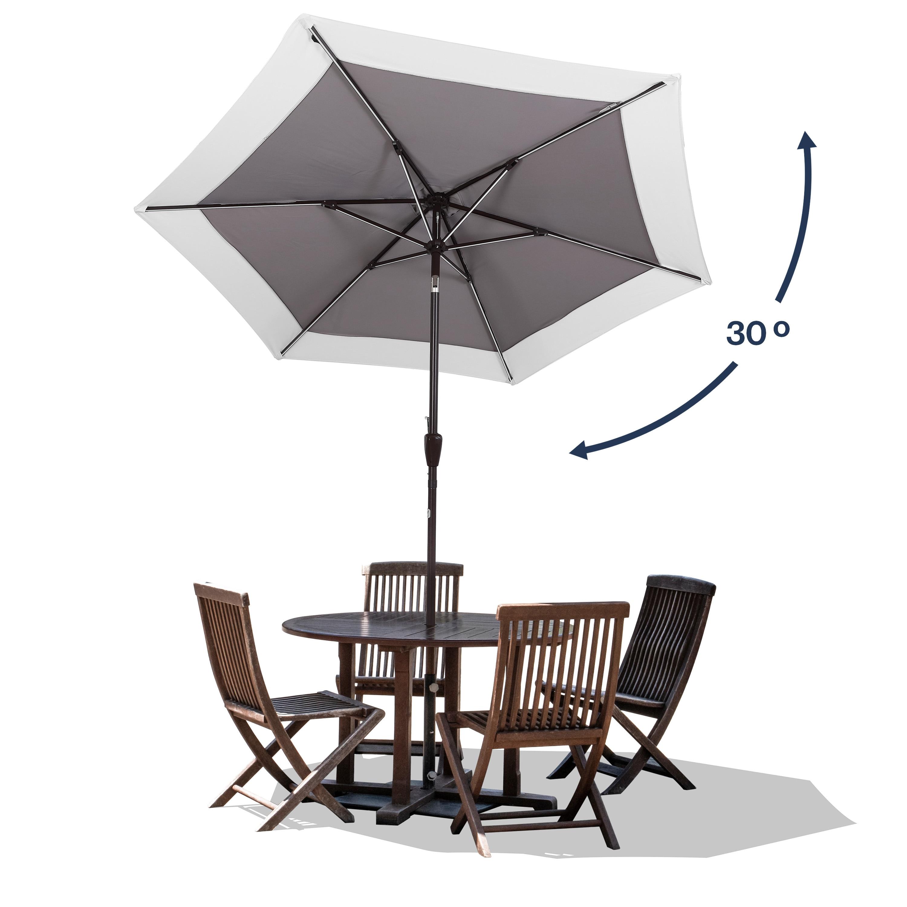 JONATHAN Y Spencer 9 ft. Classic Coastal 2-Tone Solar LED Market Patio Umbrella 12 LED Strip Lights, Auto-Tilt, Crank, UV Protection in Gray/White