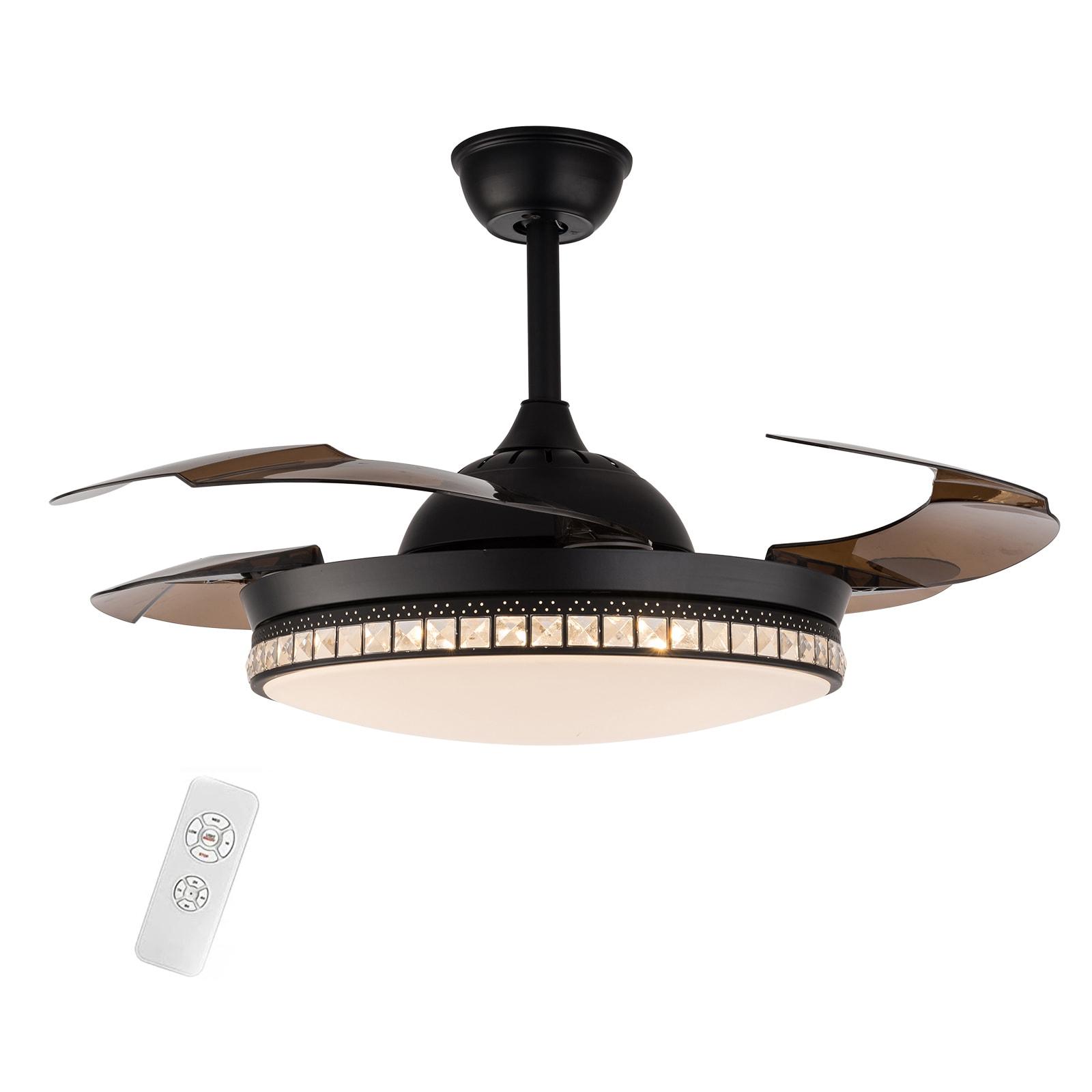 42 inch Modern Ceiling Fan with Light Remote Contro, 4-Blades Retractable LED Chandelier Fan Ceiling Light Fixture for Dining Room Living Room Black