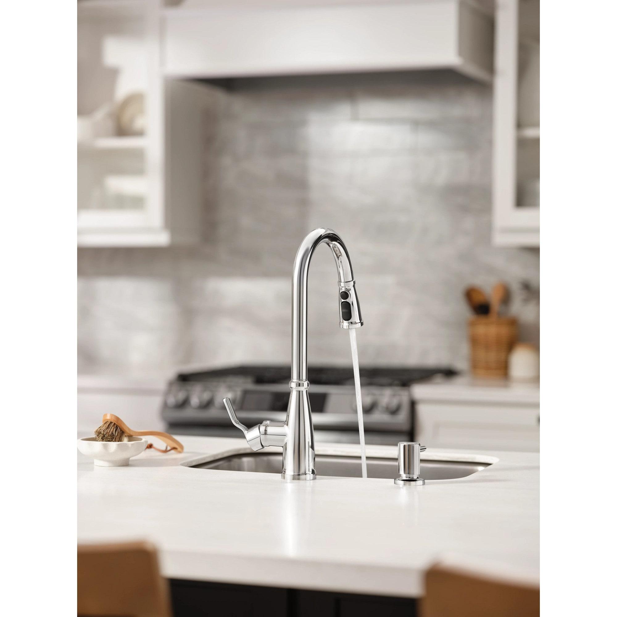 Moen Nolia Chrome One-Handle High Arc Kitchen Faucet with Pull Down Sprayer and Soap Dispenser, Kitchen Sink Faucet Featuring Power Boost Technology, 87071