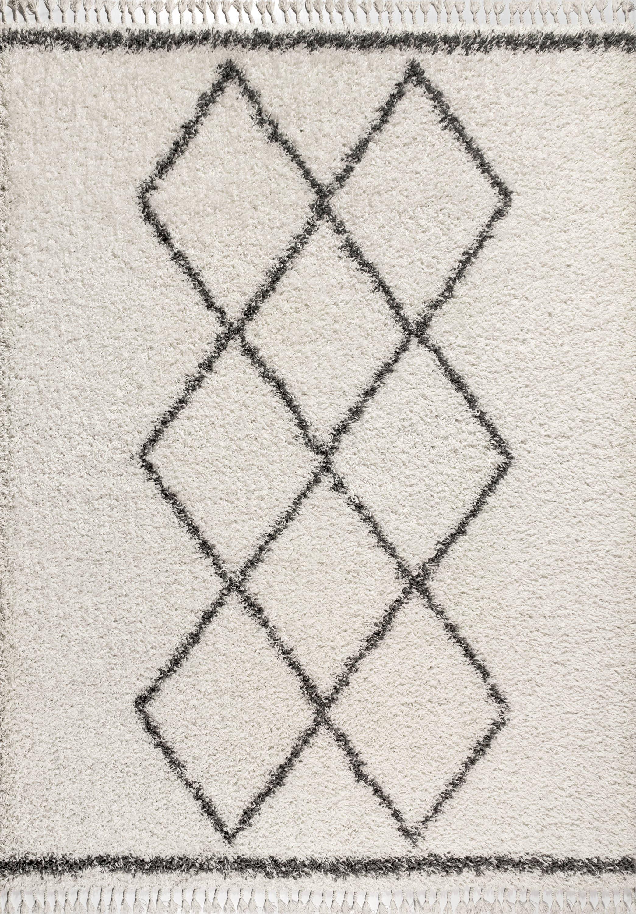 5'x8' Mercer Shag Plush Tassel Moroccan Geometric Trellis Area Rug, Cream/Grey - JONATHAN Y