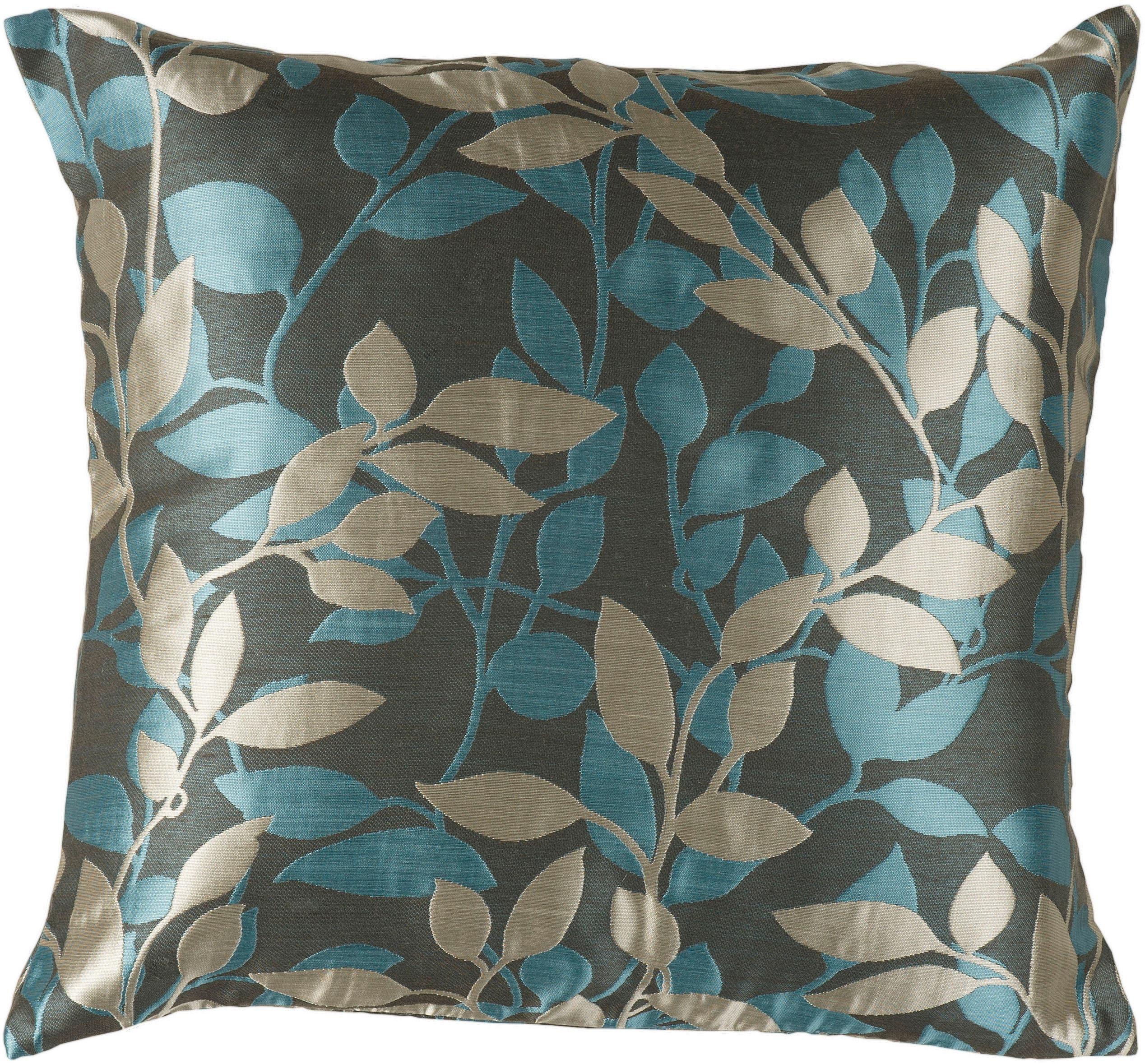 18" Aqua and Dark Green Embroidered Polyester Pillow