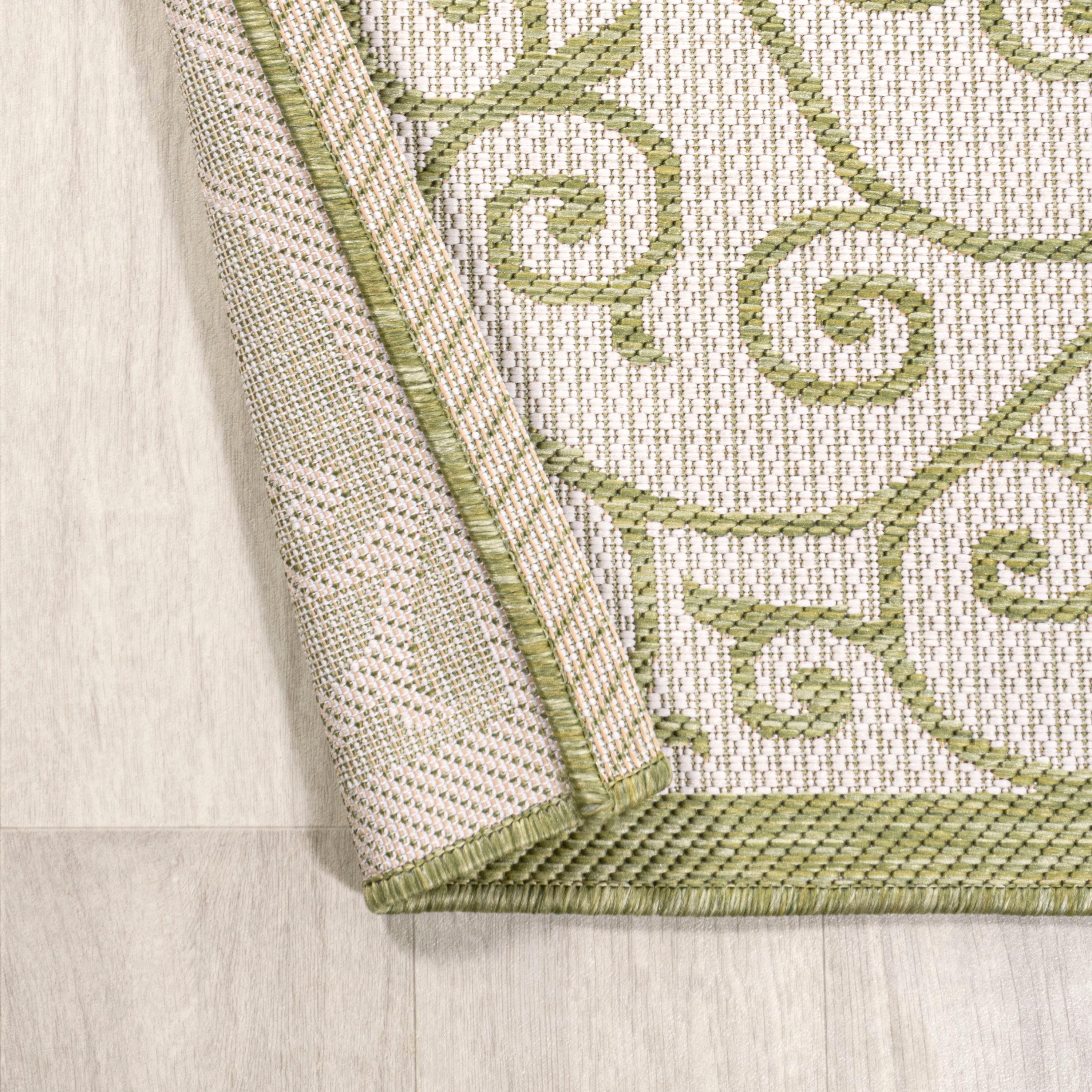 2' x 10' Madrid Vintage Filigree Textured Weave Indoor/Outdoor Runner Rug, Green/Cream - JONATHAN Y