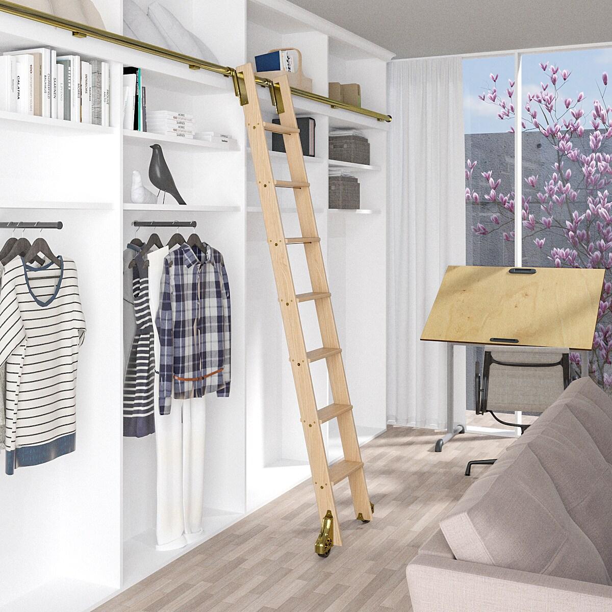 92 in. Clear Finished Red Oak Library Ladder (104 in. Reach) Polished Brass Top Hook Ladder Kit with 12 ft. Rail