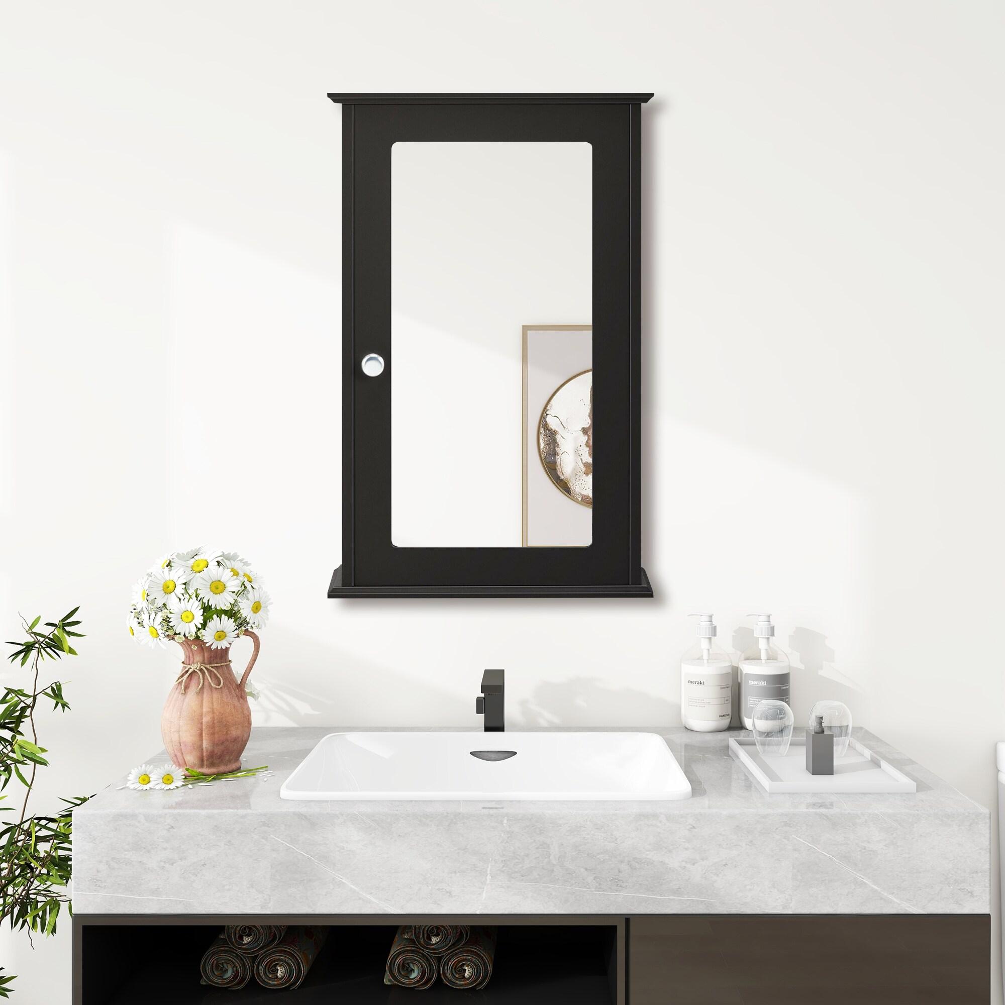 Costway Bathroom Wall Cabinet Single Mirror Door Cupboard Storage Wood Shelf Brown