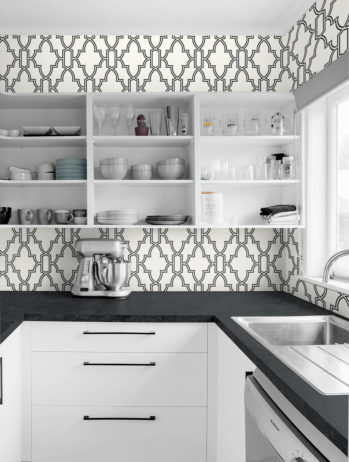 NextWall  Black and White Tile Trellis Peel and Stick Wallpaper - 20.5 in. W x 18 ft. L