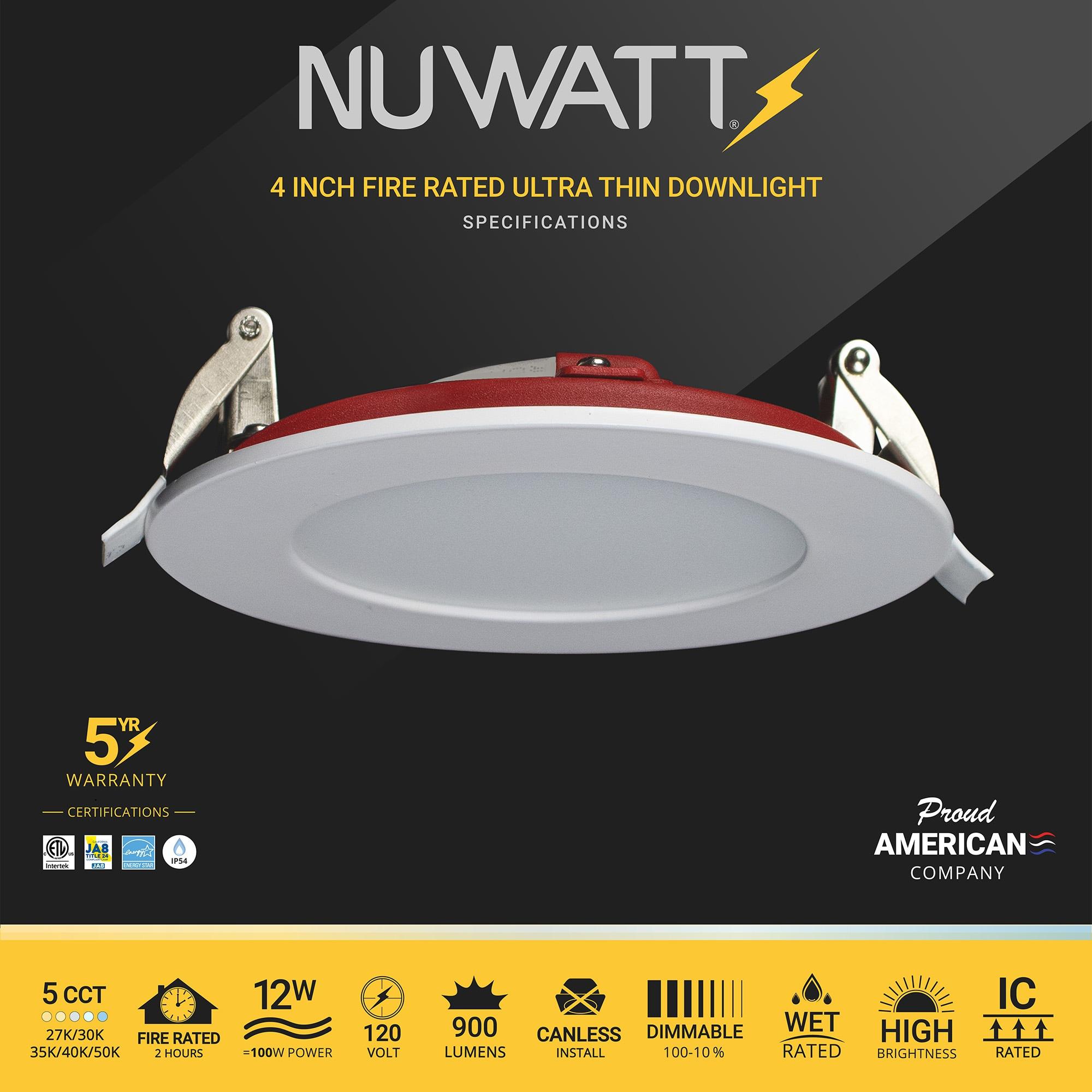 4 in. 2 HOUR Fire Rated Slim Canless LED Recessed Light 12W 5CCT 27K-50K Dimmable IC Rated 6PK