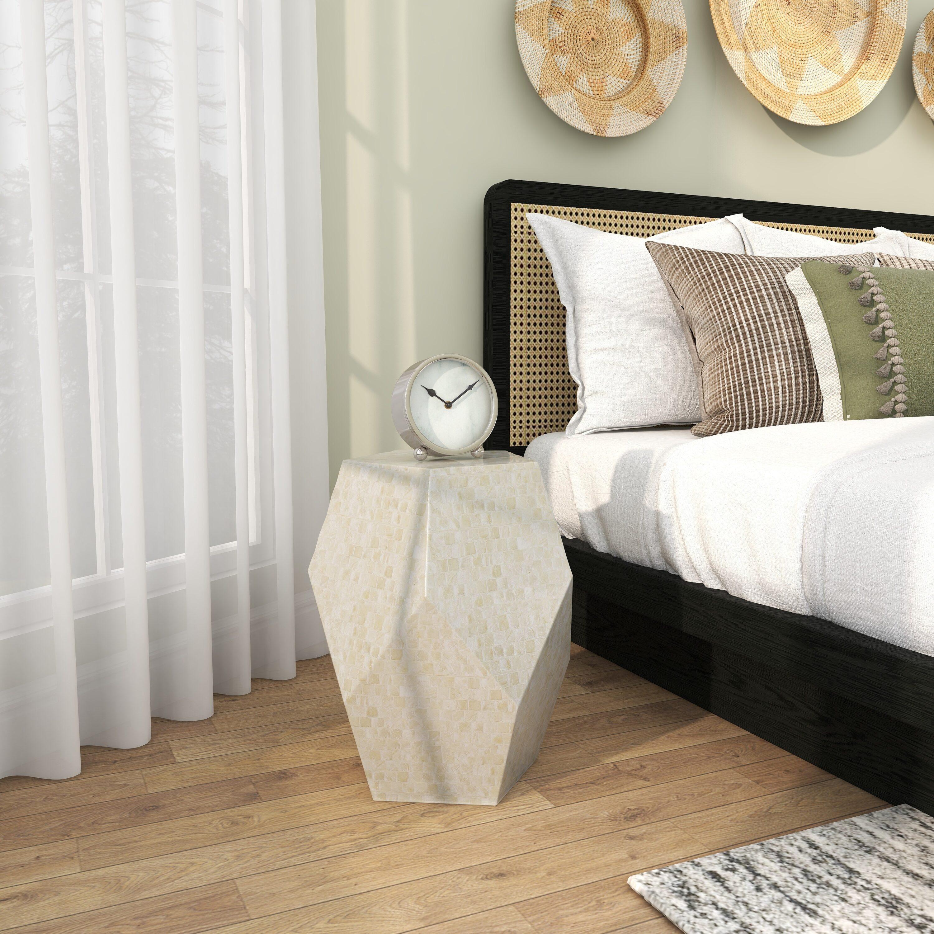 Olivia & May Contemporary Mussel Shells and Wood Accent Table Dark Gray: Hexagonal Wooden Pedestal, No Assembly Required