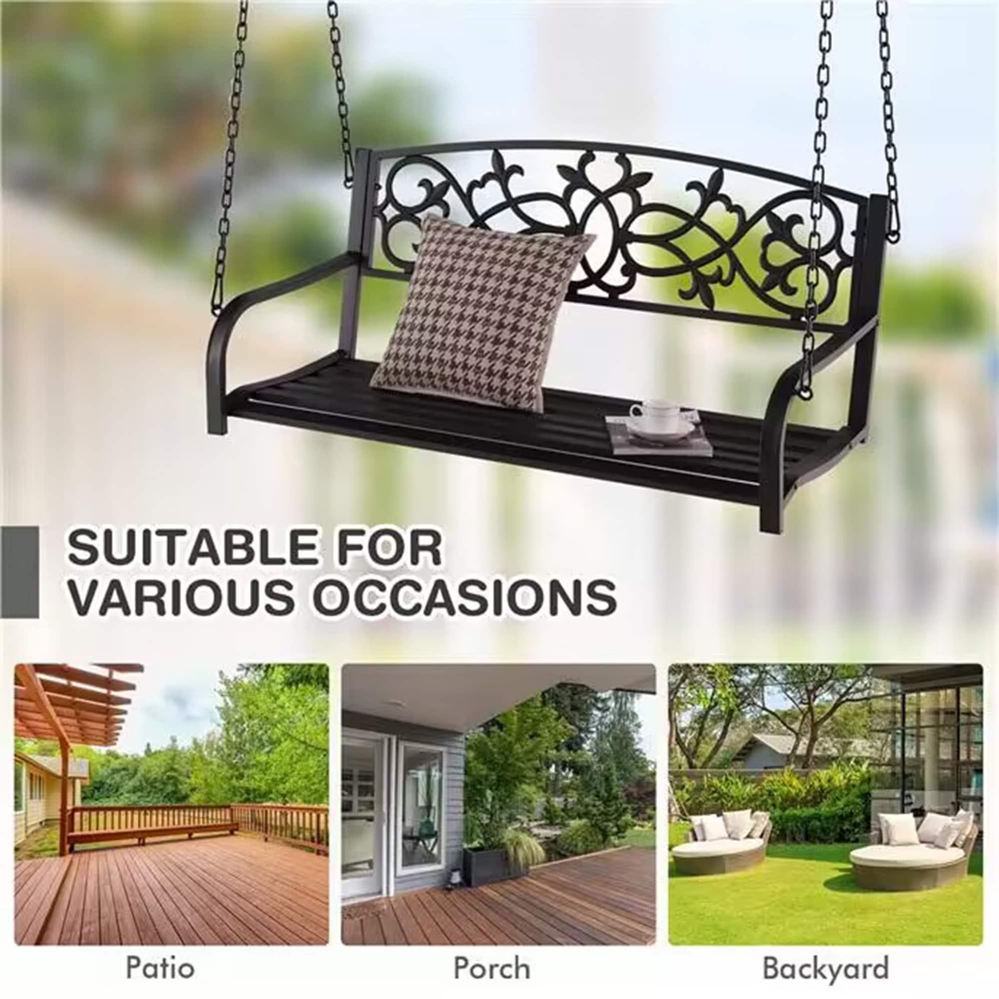 Resenkos Porch Swing, 2-Person Outdoor Porch Metal Hanging Swing Chair with Sturdy Chains-Brown, Hanging Outdoor Porch Swings for Garden, Backyard