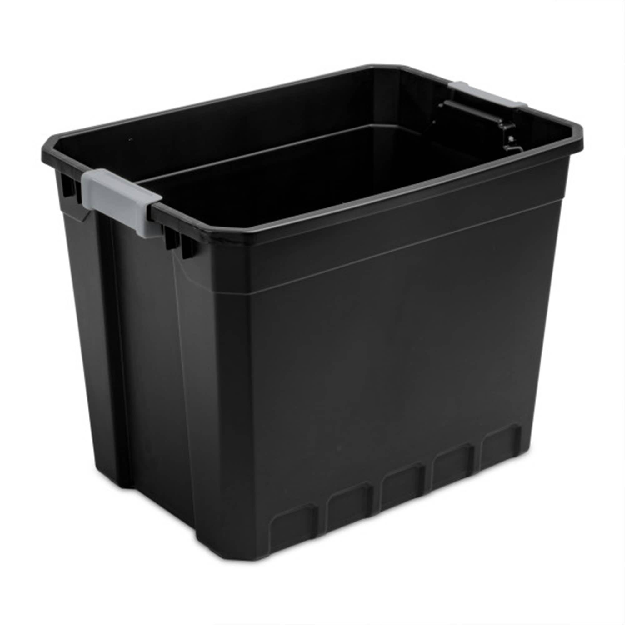 Sterilite 27 Gallon Plastic Stacker Tote, Heavy Duty Lidded Storage Bin Container for Stackable Garage and Basement Organization, Black, 4-Pack