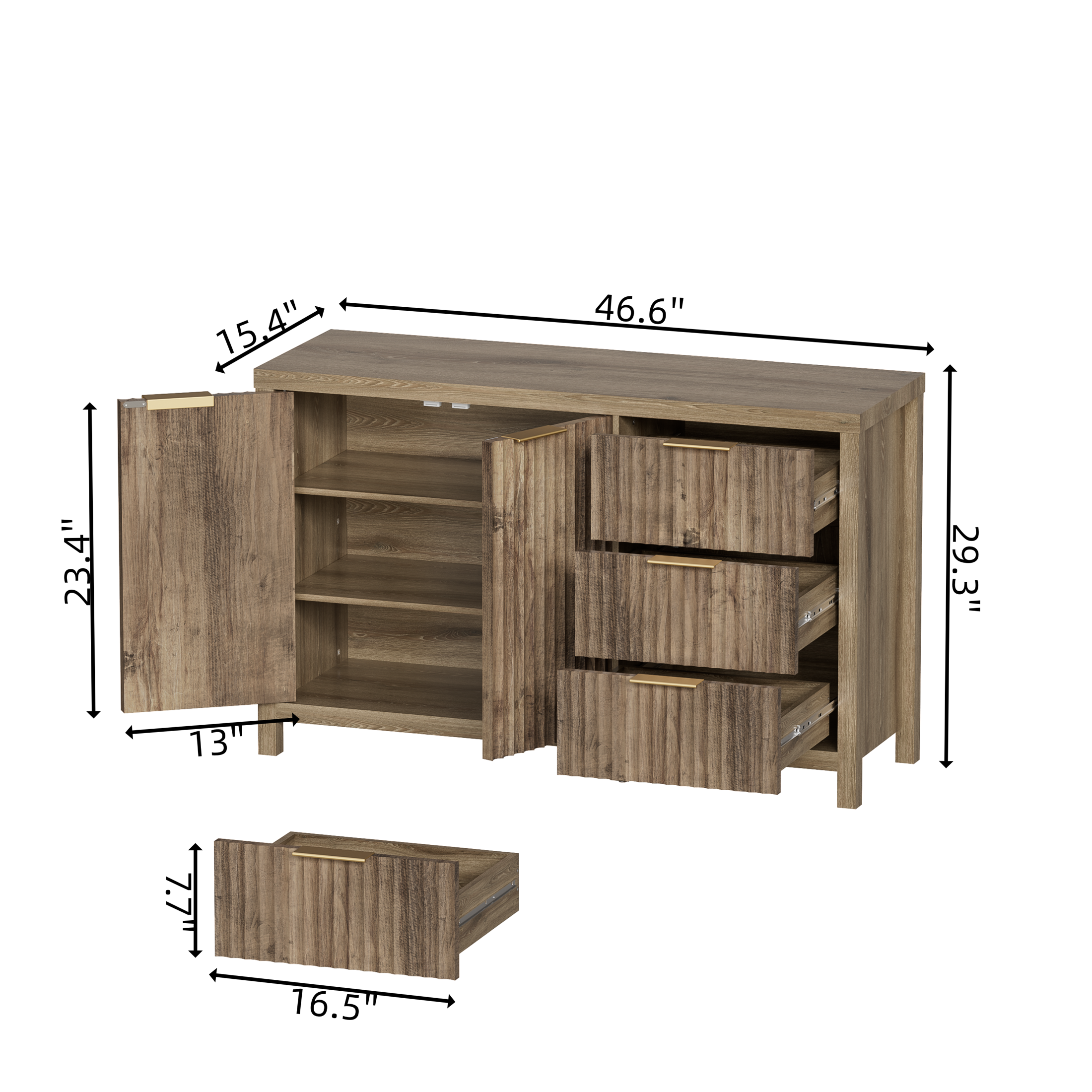 47" Brown MDF Wood Sideboard Buffet Cabinet with Grooved Doors and Drawers