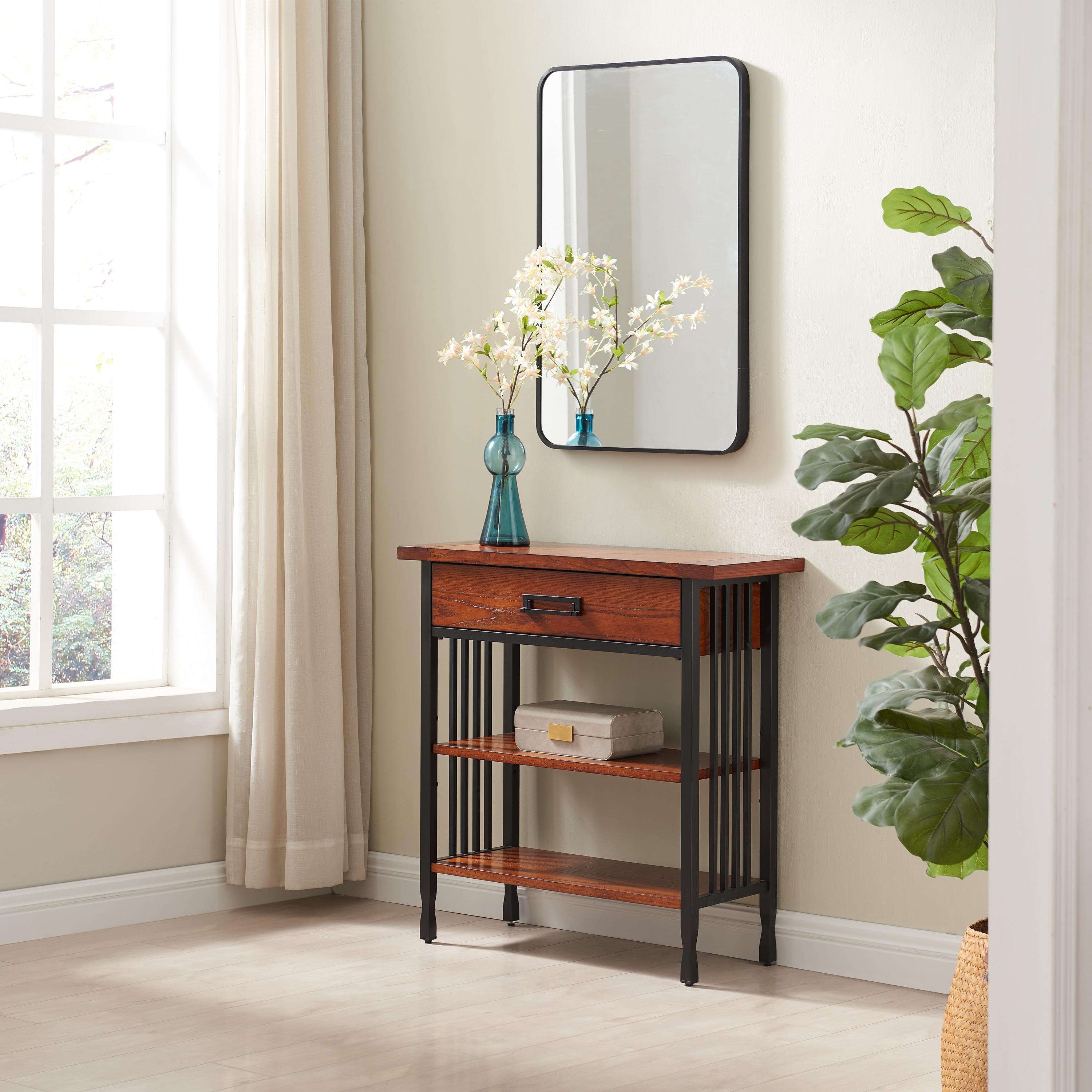 Leick Home 11261 Ironcraft Rustic Foyer Bookcase with Drawer Storage, Mission Oak and Black