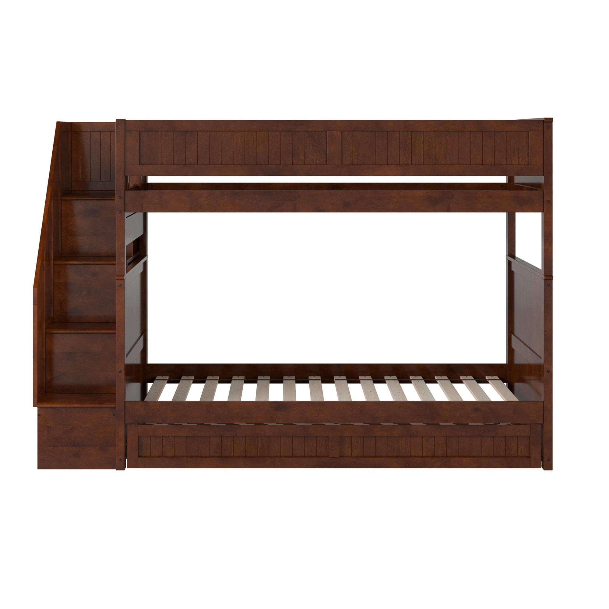 Walnut Twin Over Twin Bunk Bed with Storage Drawer and Trundle