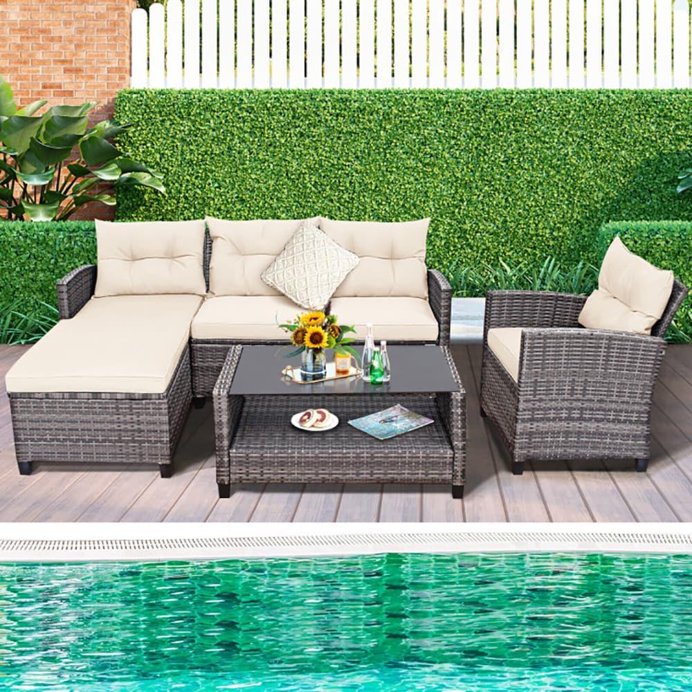 Costway 4PCS Patio Rattan Furniture Set Sofa Ottoman Cushion Garden Deck White
