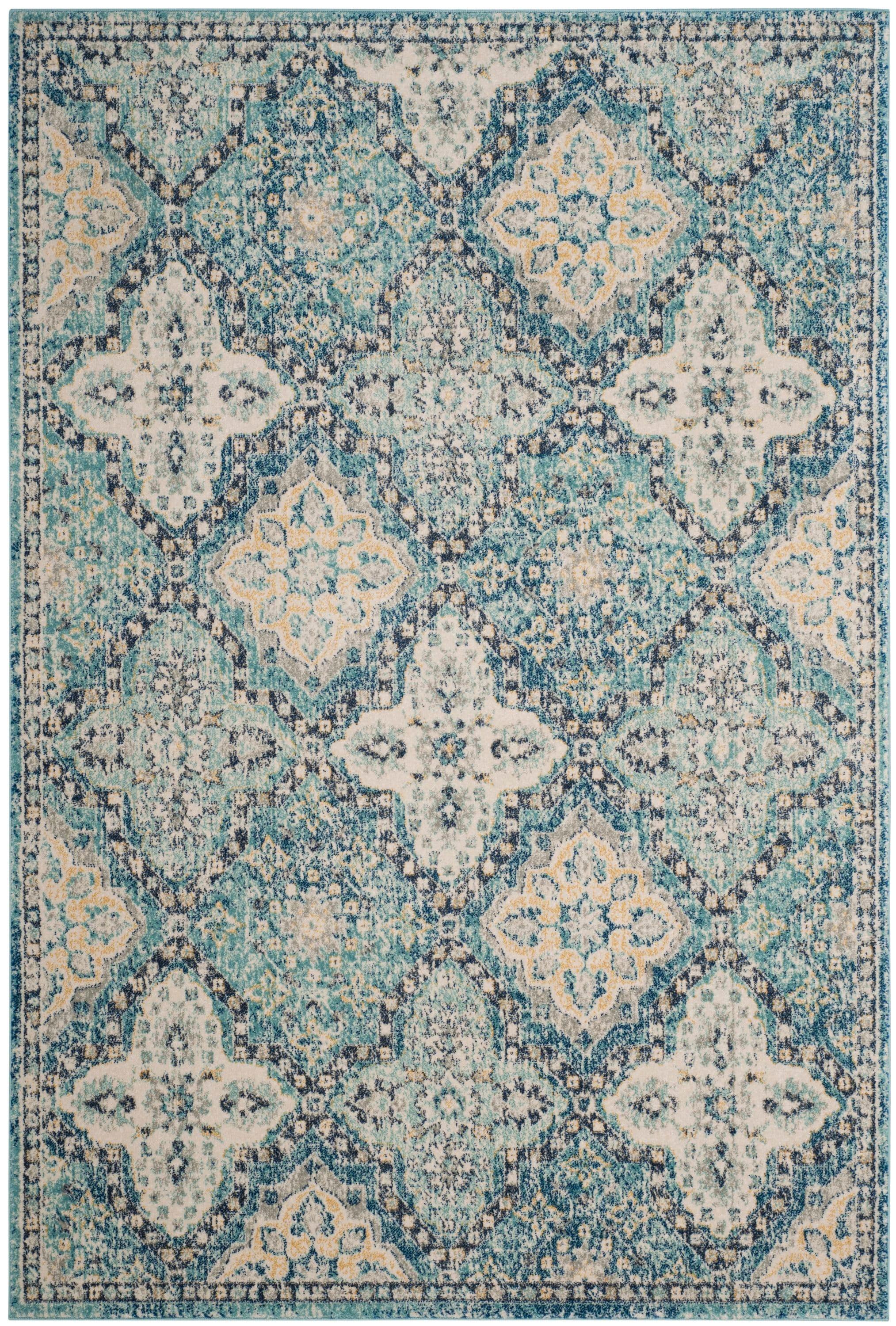 Light Blue and Ivory Synthetic Damask Area Rug 6'7" x 9'