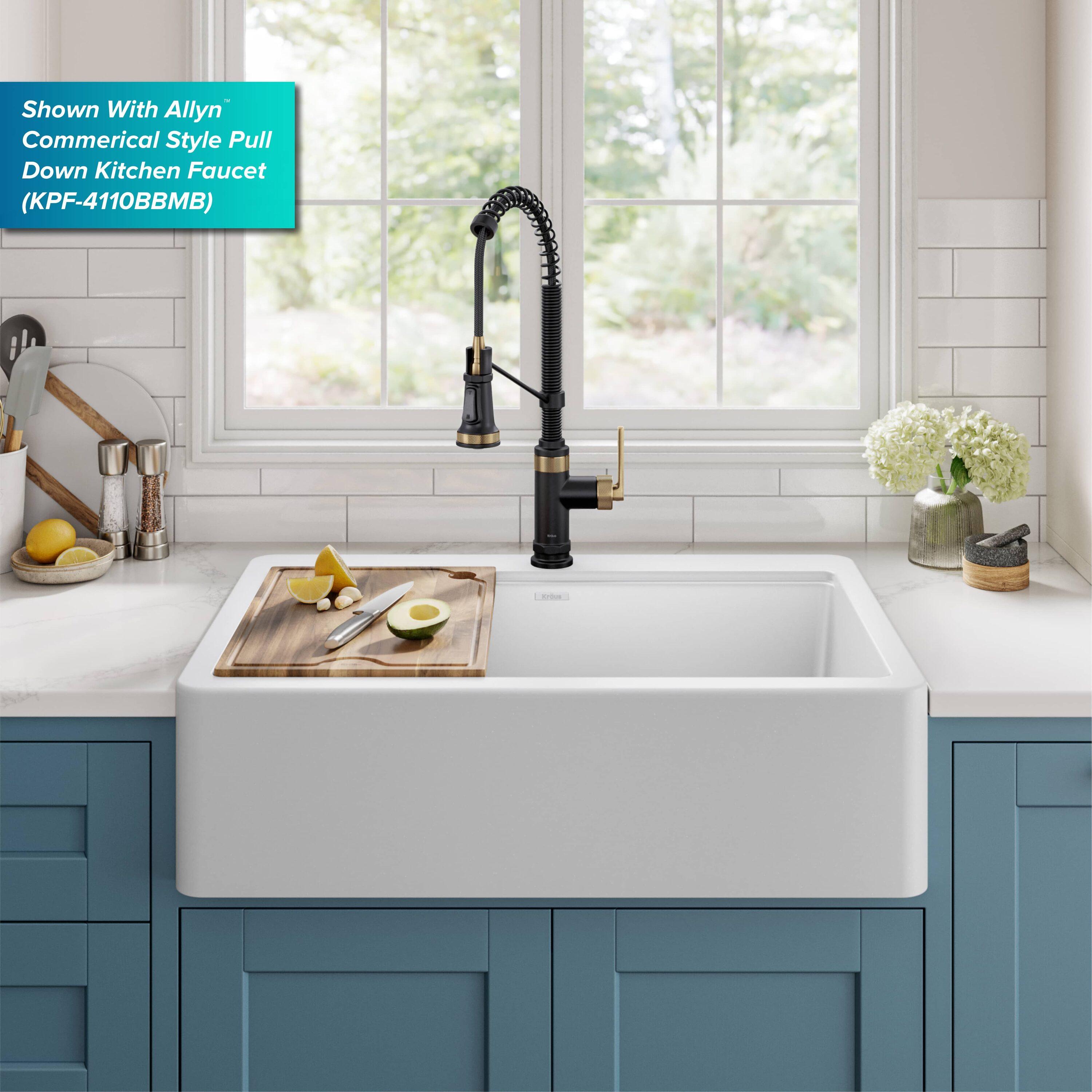 KRAUS Bellucci 33” Workstation Drop In Retrofit Farmhouse Single Bowl Granite Kitchen Sink With Accessories