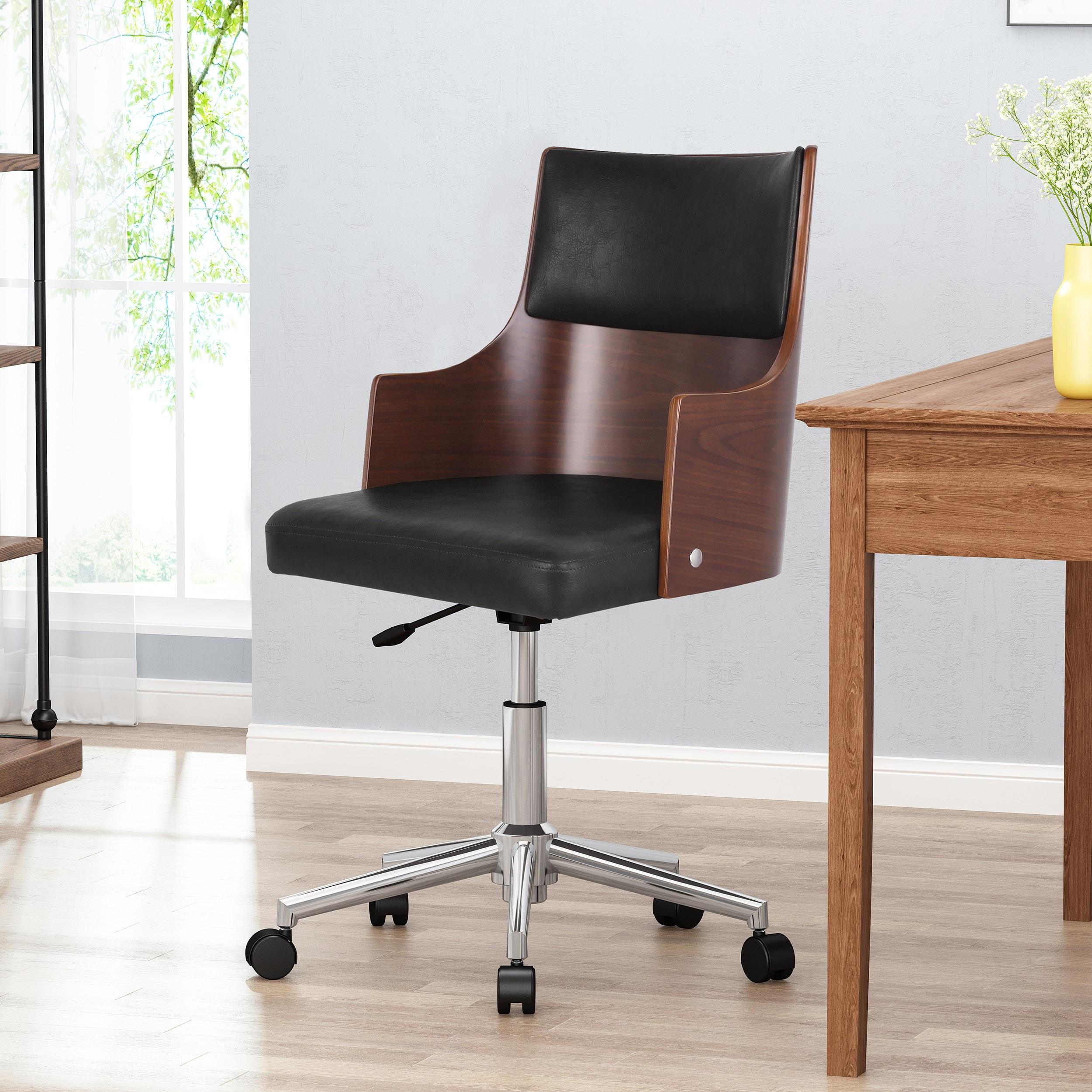Christopher Knight Home Rhine Mid-Century Modern Upholstered Swivel Office Chair Midnight Black/Walnut: Chrome Base, Ergonomic Design with Casters