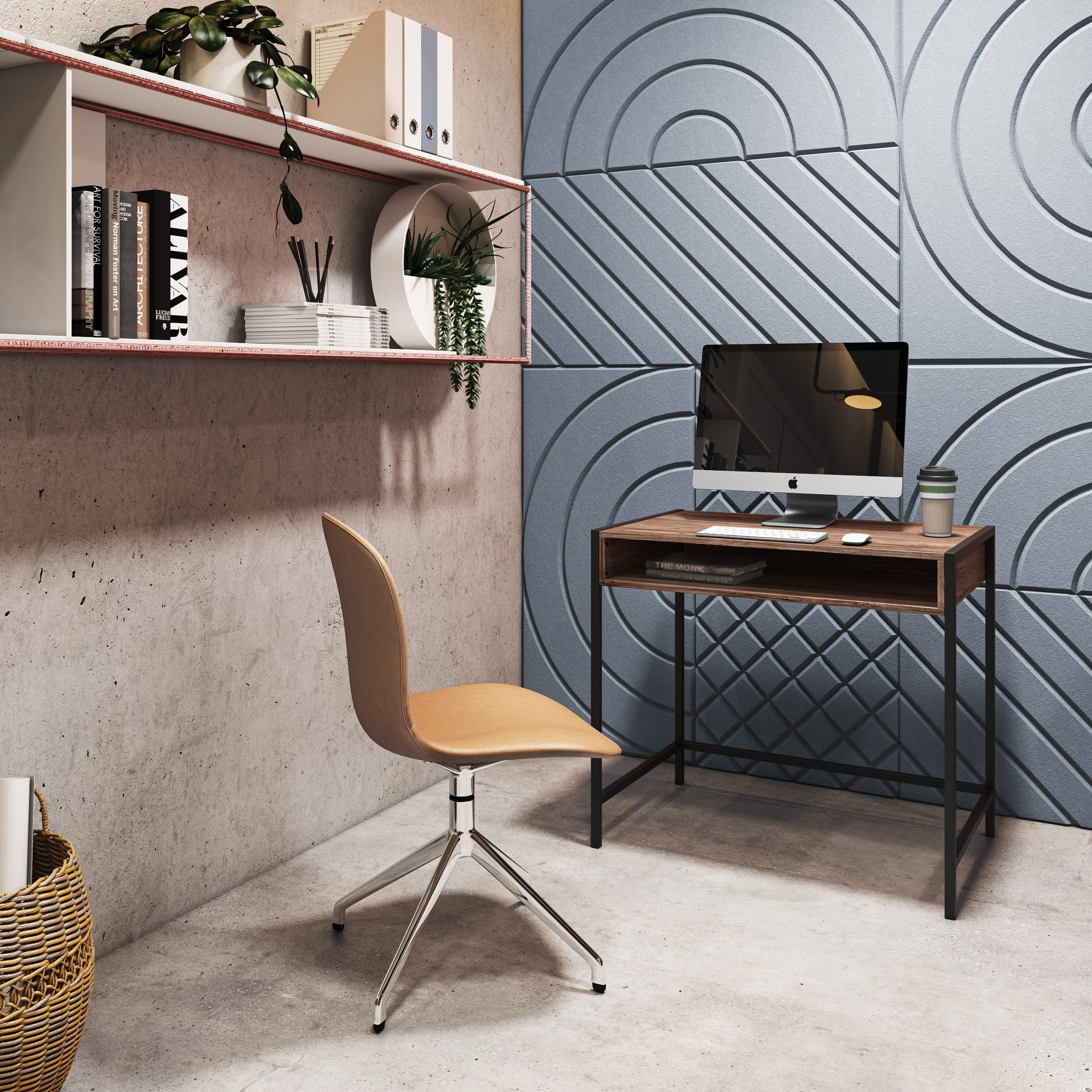 CorLiving Auston Wood Grain Desk Brown: 34" Modern Laminated Office, Open Storage Shelf