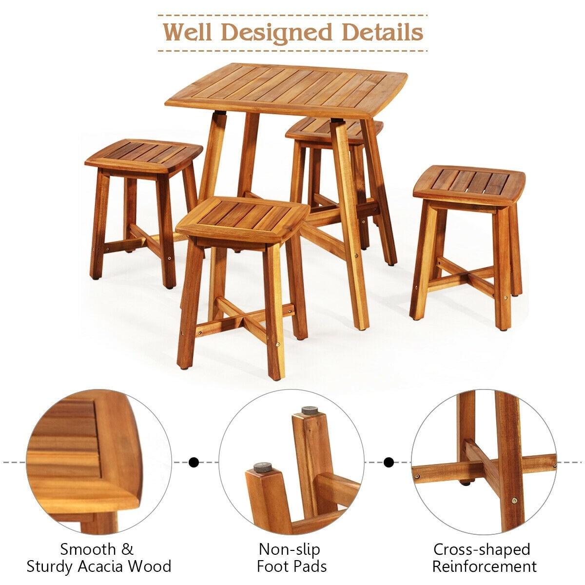 Aimee Lii 5 Pieces Wood Patio Dining Set with Square Table and 4 Stools, Outdoor Patio Furniture for Balcony Porch Backyard, Sturdy