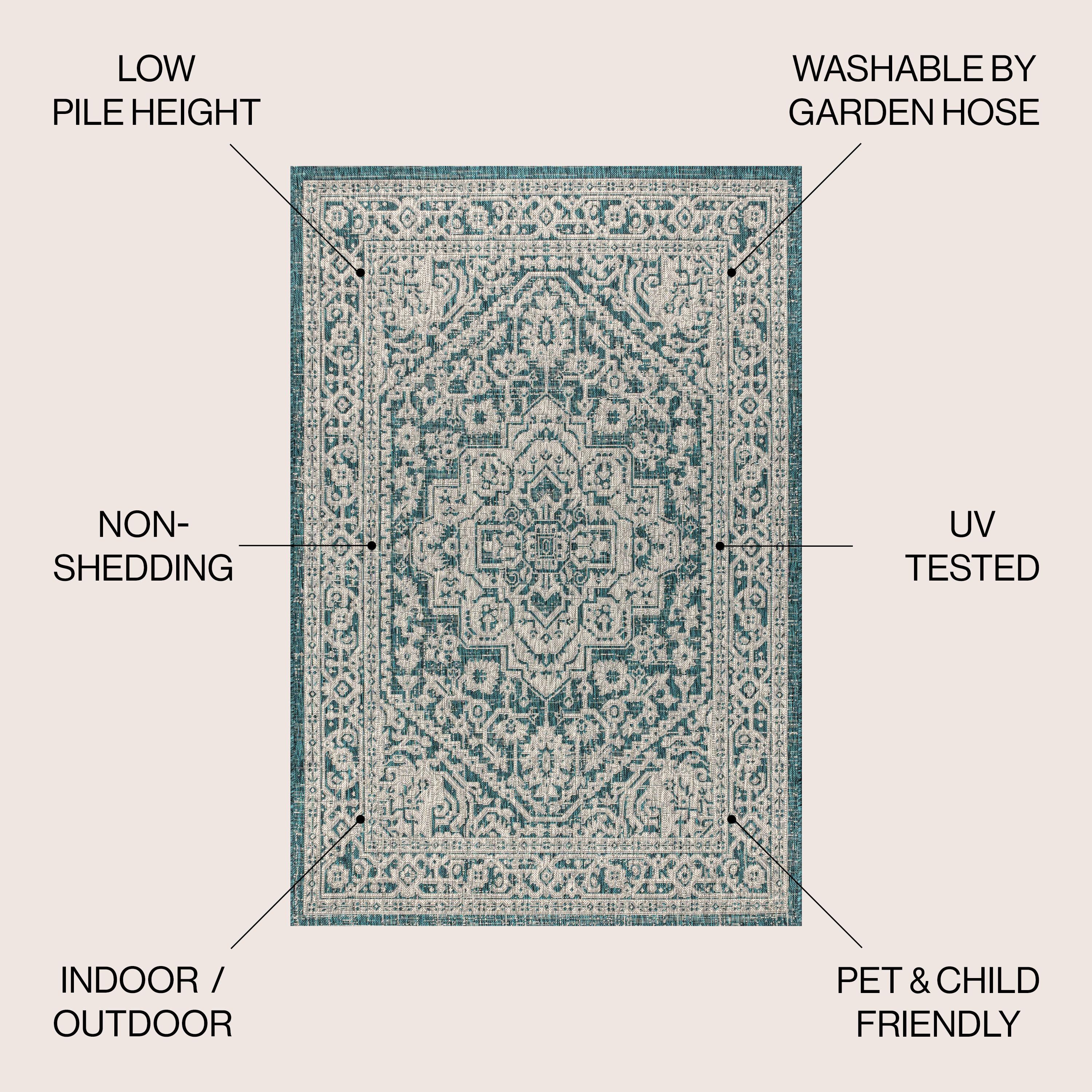 4'x6' Sinjuri Medallion Textured Weave Indoor/Outdoor Area Rug,  Teal Blue/Gray - JONATHAN Y