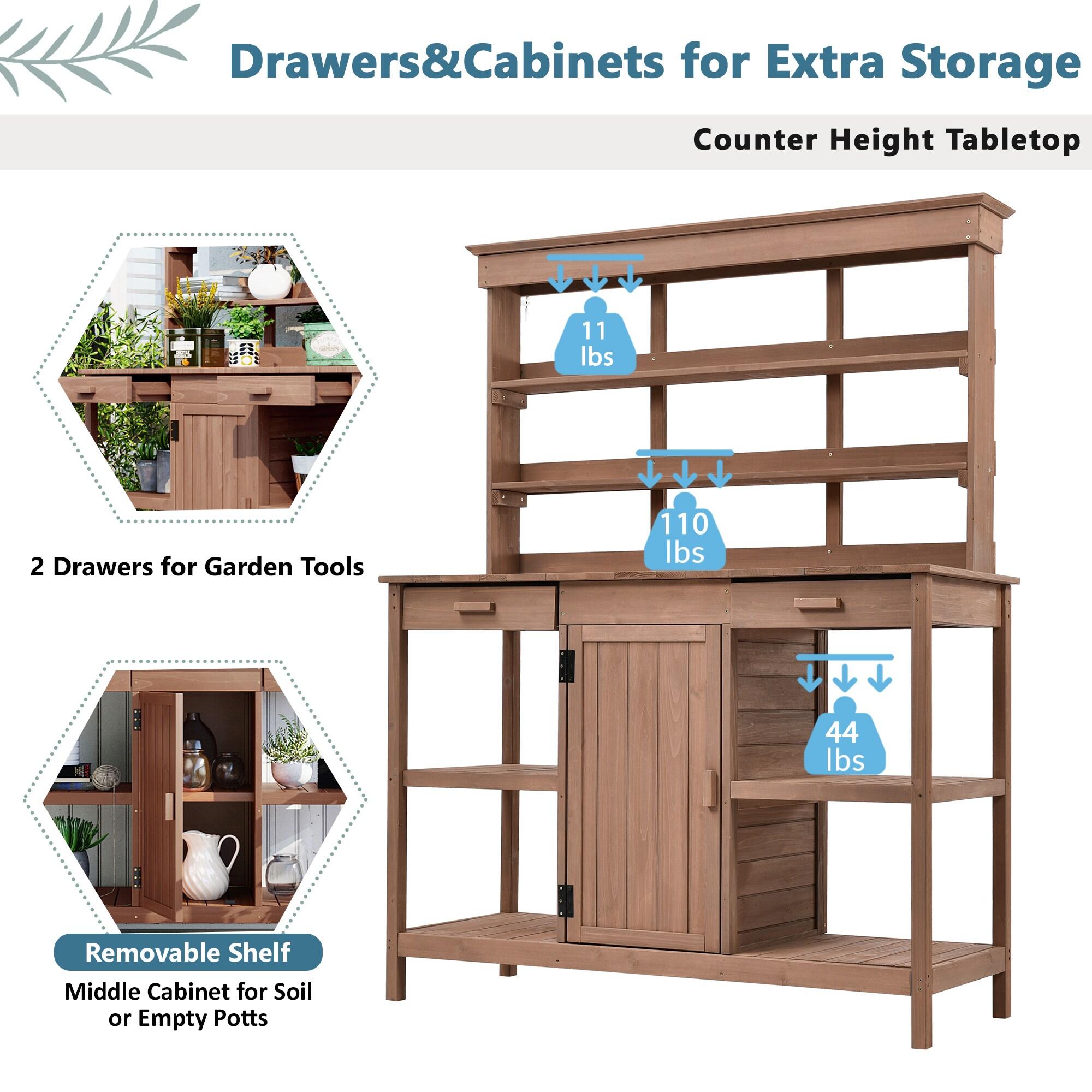 66 in. Brown Fir Wood Outdoor Potting Bench with Drawers