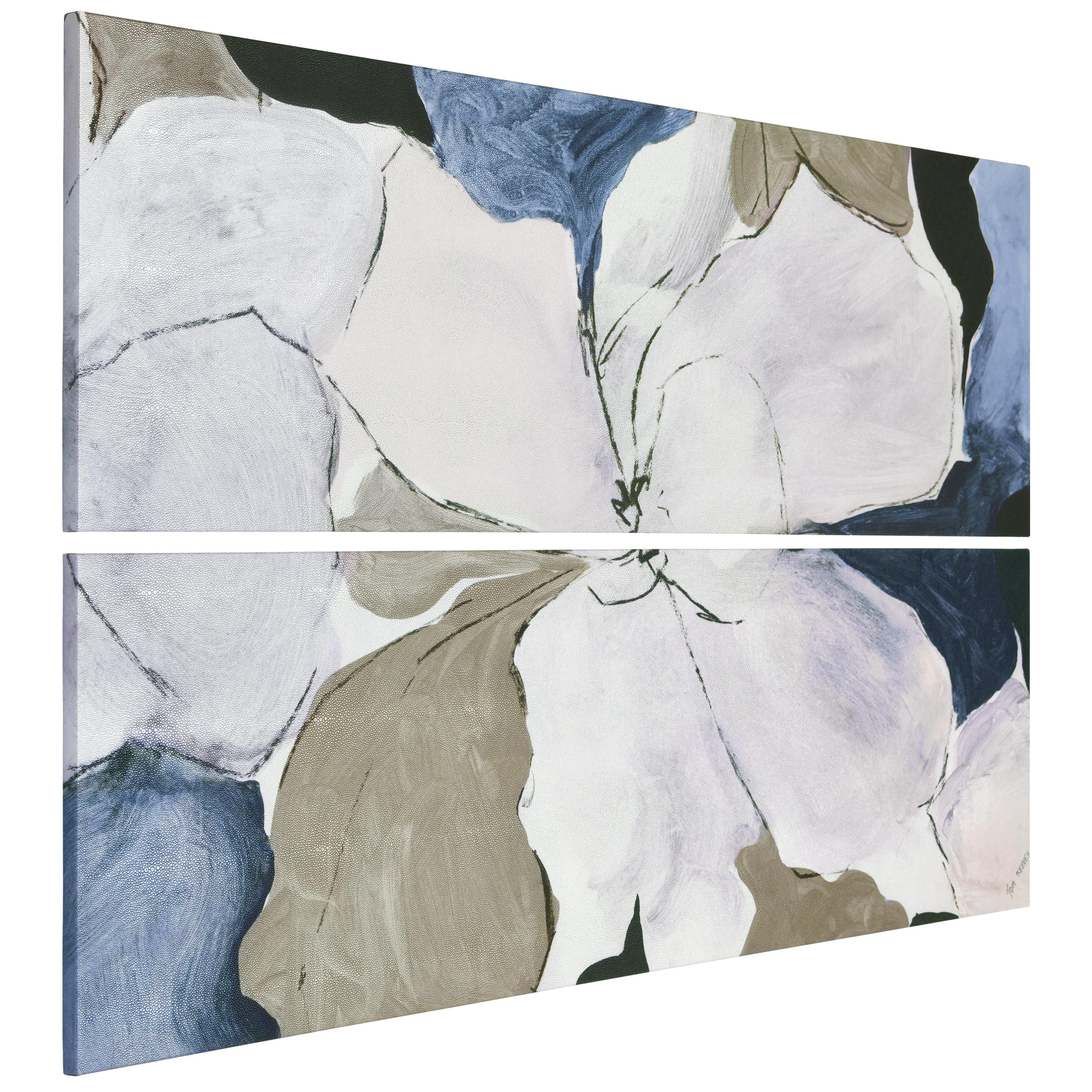 "Floral Serenity I & II", Flower Abstract Artwork on Silver Shagreen Wrapped Canvas Wall Art Set