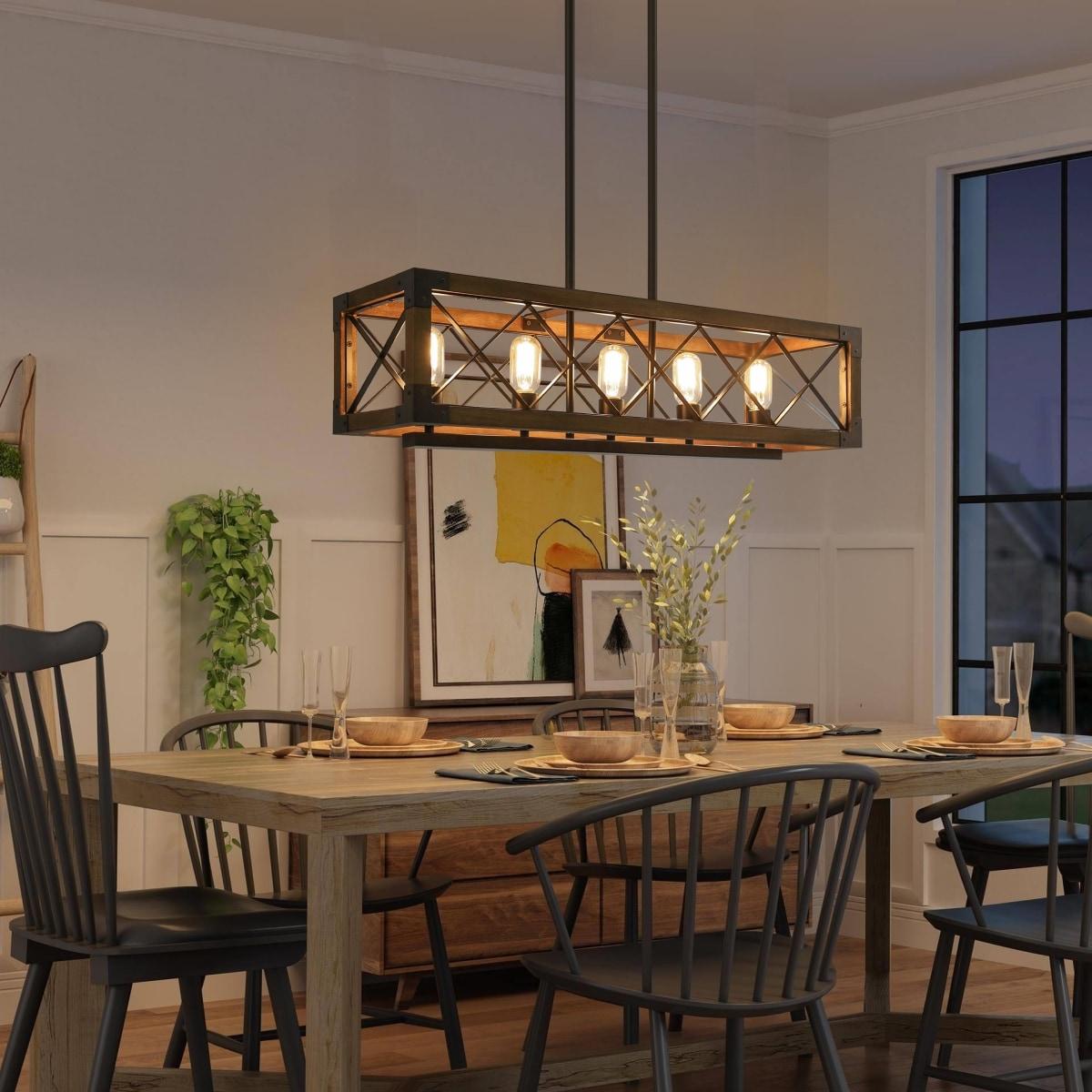 Farmhouse 5-Light Wood and Black Metal Chandelier, Rectangular Kitchen Island Light Fixture