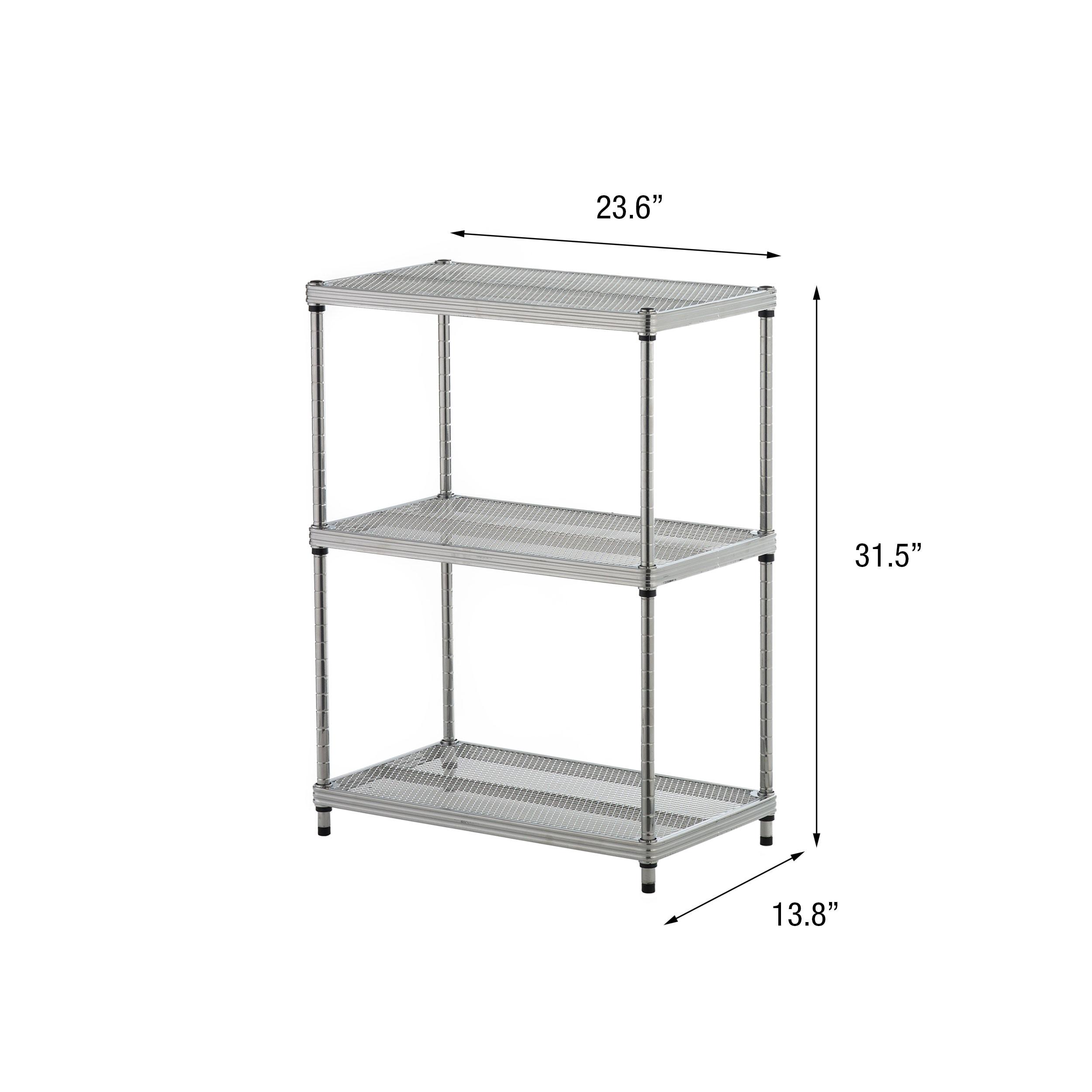 Design Ideas MeshWorks 3 Tier Full-Size Metal Storage Shelving Unit Rack for Kitchen, Office, and Garage Organization, 23.6” x 13.8” x 31.5,” Silver