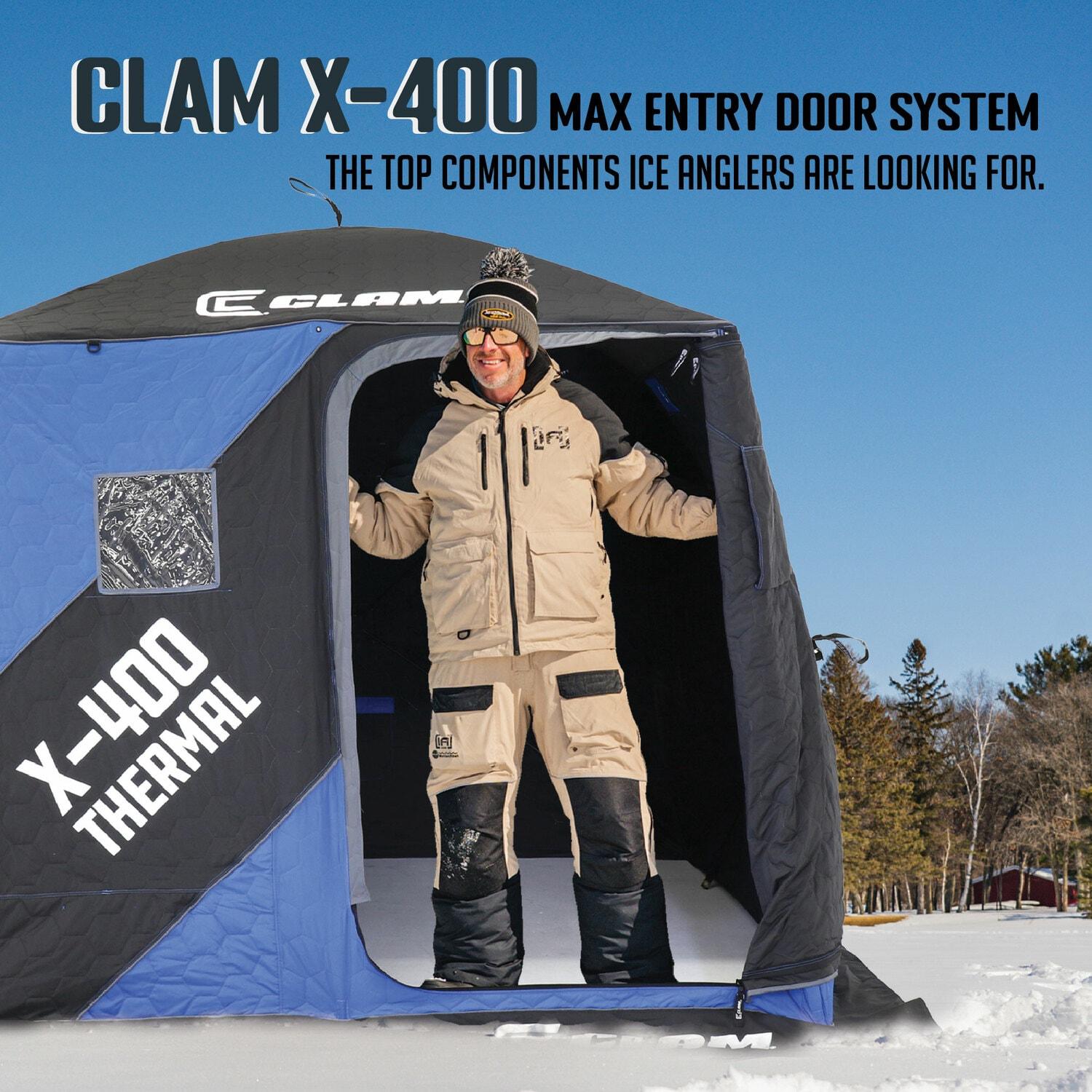CLAM 17479 X-400 Portable 3 to 4 Person 8-Foot Pop-Up Ice Fishing Angler Thermal Hub Shelter Tent with Anchor Straps and Carrying Bag