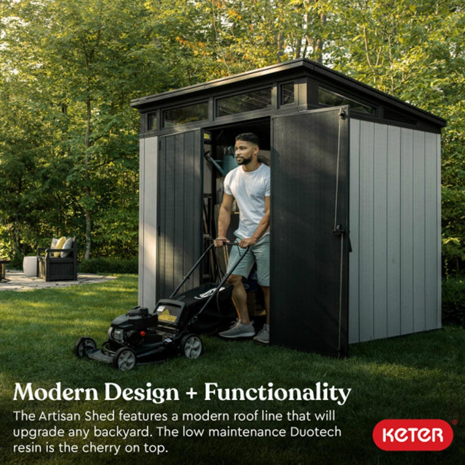 Keter Artisan 7x7 ft. Modern Durable Resin Outdoor Storage Shed With Floor and Double Doors for Garden Patio Furniture and Tools, Grey