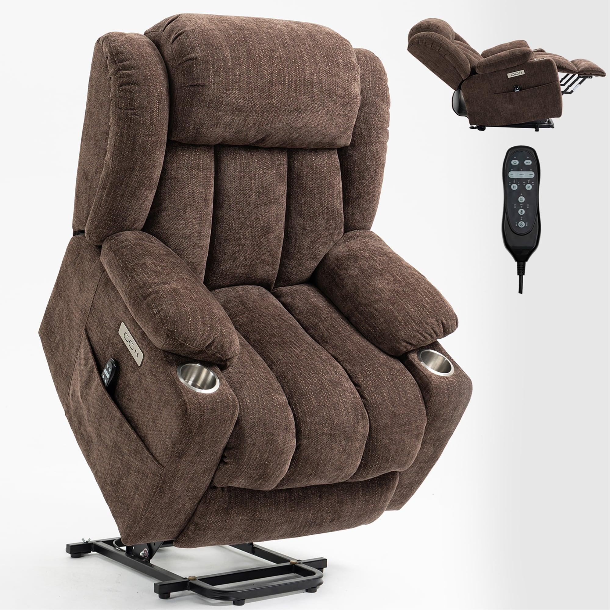 Power Lift Chair with Full-Body Massage and Heat, Electric Recliner Chairs for Adults, Remote Control, Standing Assistance, USB Ports, Stainless Steel Cup Holders, Chenille Brown