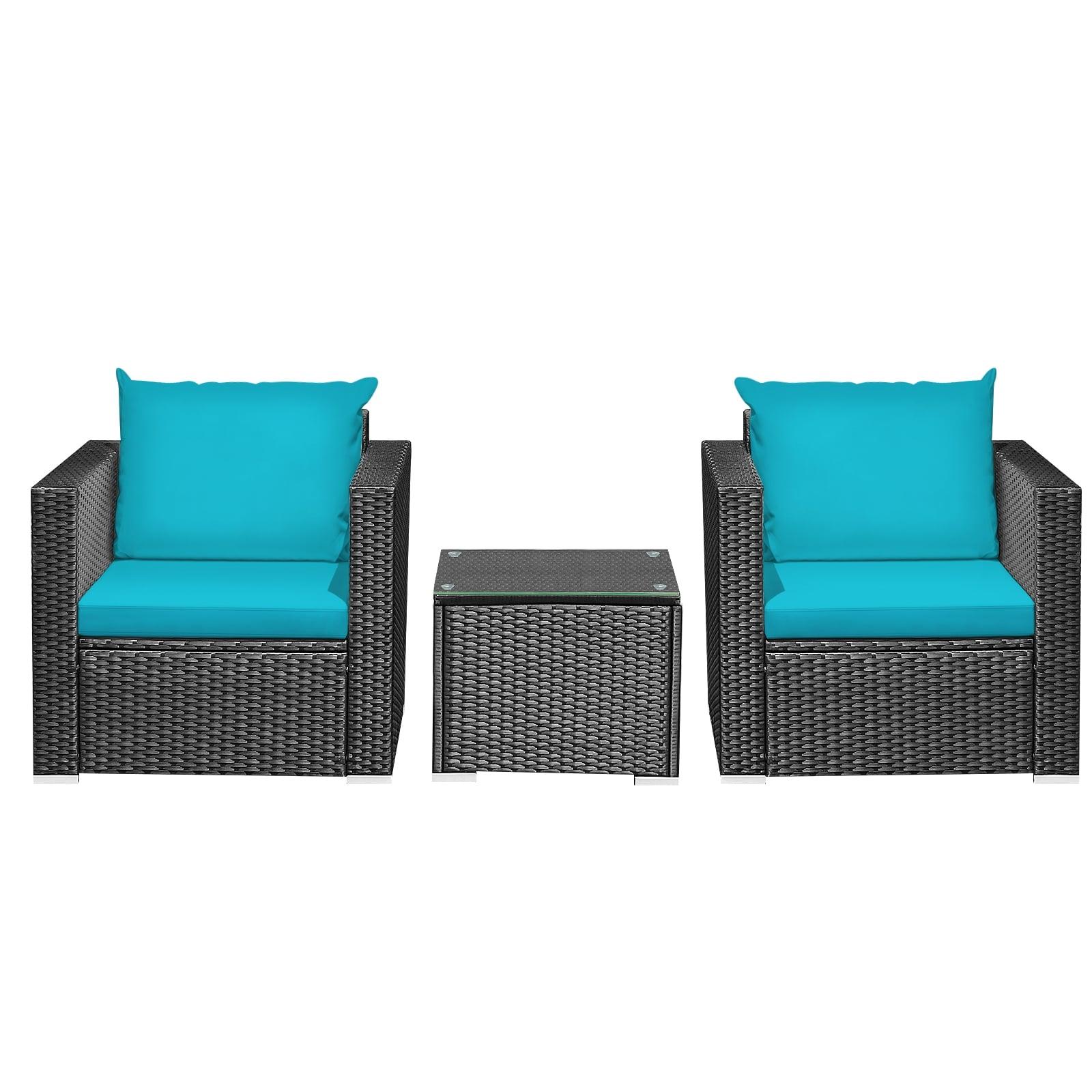 Resenkos 3 Pieces Patio Wicker Conversation Set, Outdoor Furniture Garden Conversation Bistro Sets with Coffee Table and Cushions-Black
