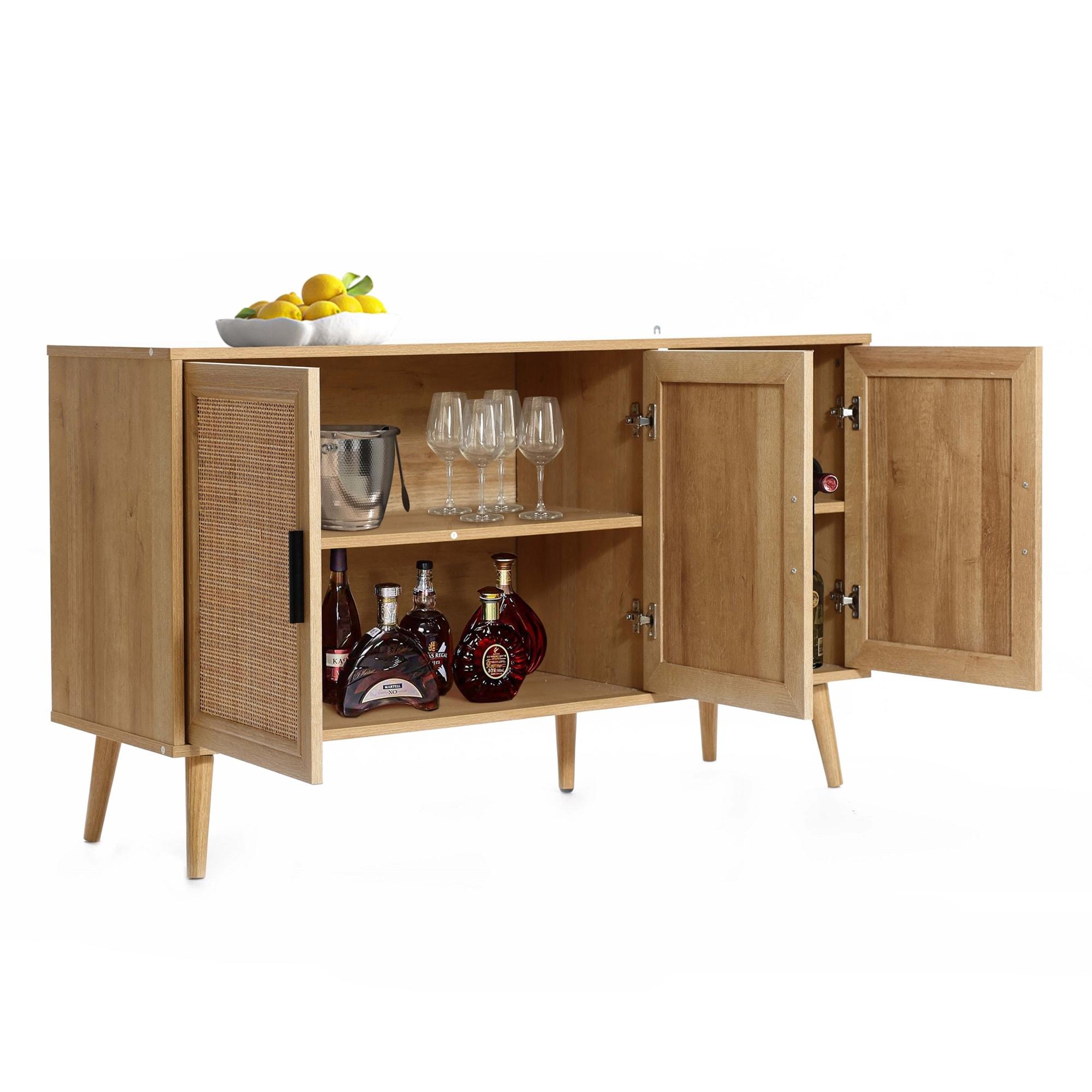 LuxenHome Rattan Buffet Cabinet with Storage, 47" Light Oak Finish Wood Accent Sideboard Cabinet with 3-Door, Boho Coffee Bar Console Table