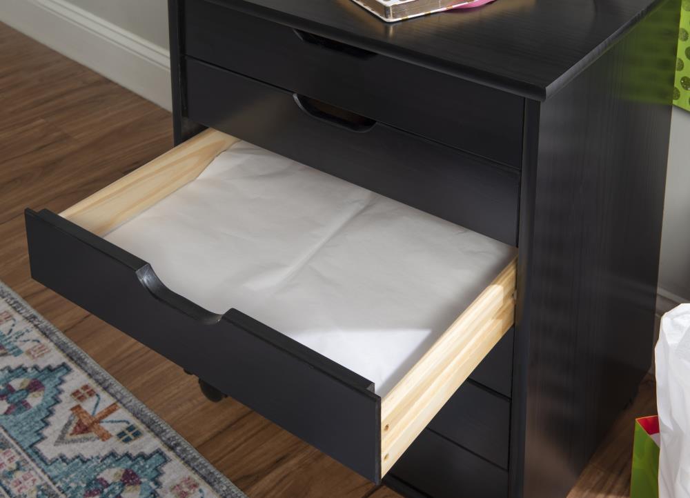 Cary Transitional 6 Drawer Solid Wood Contoured Handle Cut Out Wide Roll Cart Black - Linon: Pine Frame, Farmhouse Style, Portable Storage