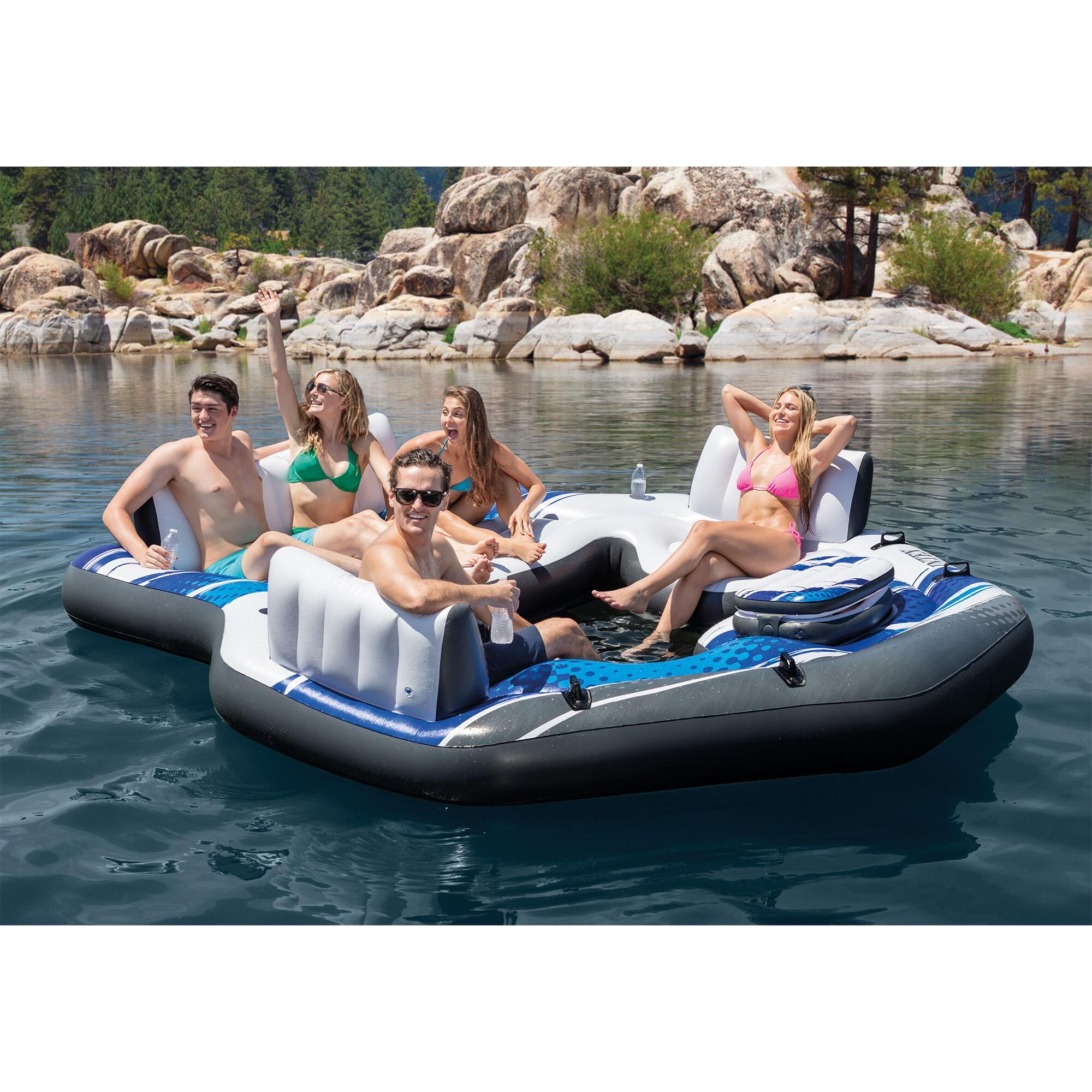 Intex Blue Tropic Inflatable Lake or Swimming Pool Island Water Floating Lounger Raft with Backrests, Built-In Cooler, and 4 Cupholders