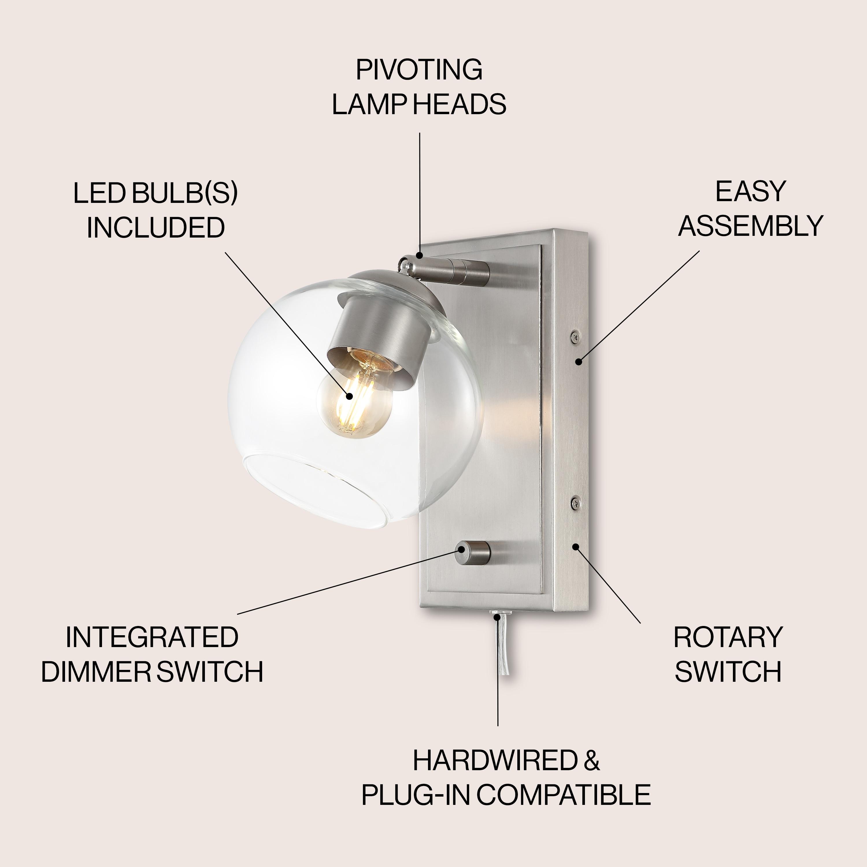 Hugo 6" 1-Light Minimalist Modern Plug-In or Hardwired Adjustable Iron LED Wall Sconce with Rotary Dimmer, Nickel with Clear Globe