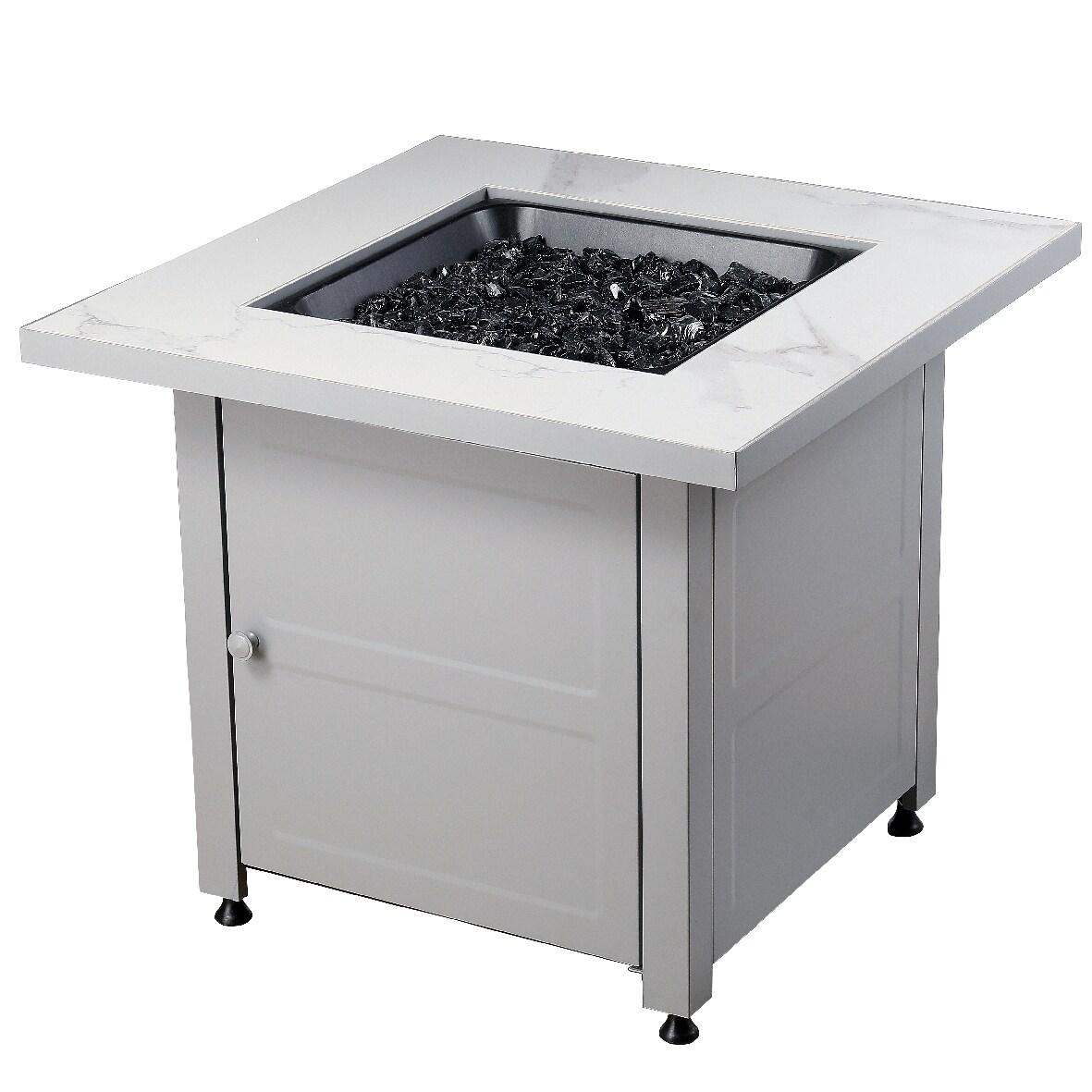 Mr. Bar-B-Q Endless Summer All Weather Outdoor Fire Pit Table with Faux Marble Finish, Black Glass