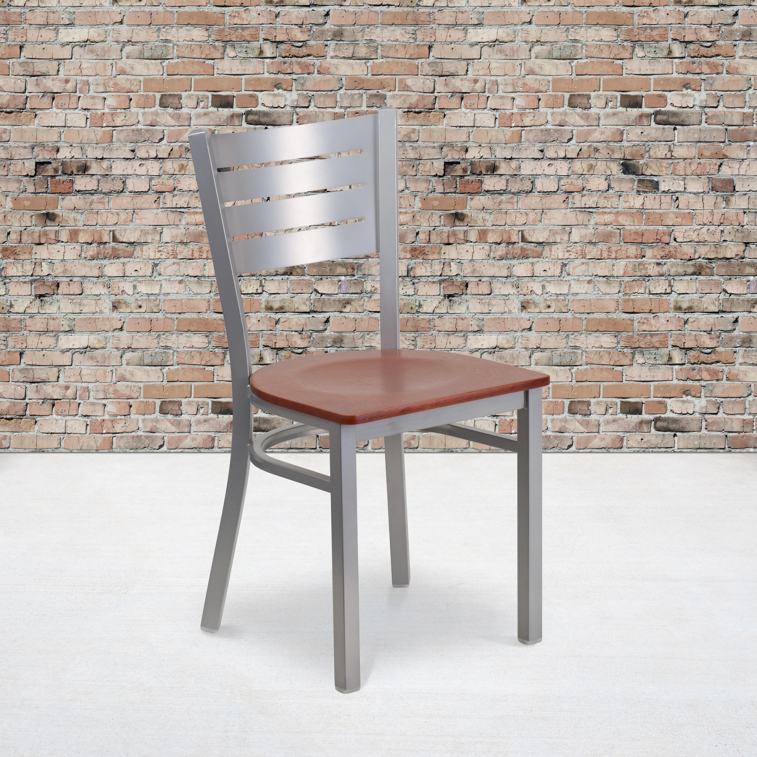 Flash Furniture HERCULES Series Silver Slat Back Metal Restaurant Chair - Cherry Wood Seat