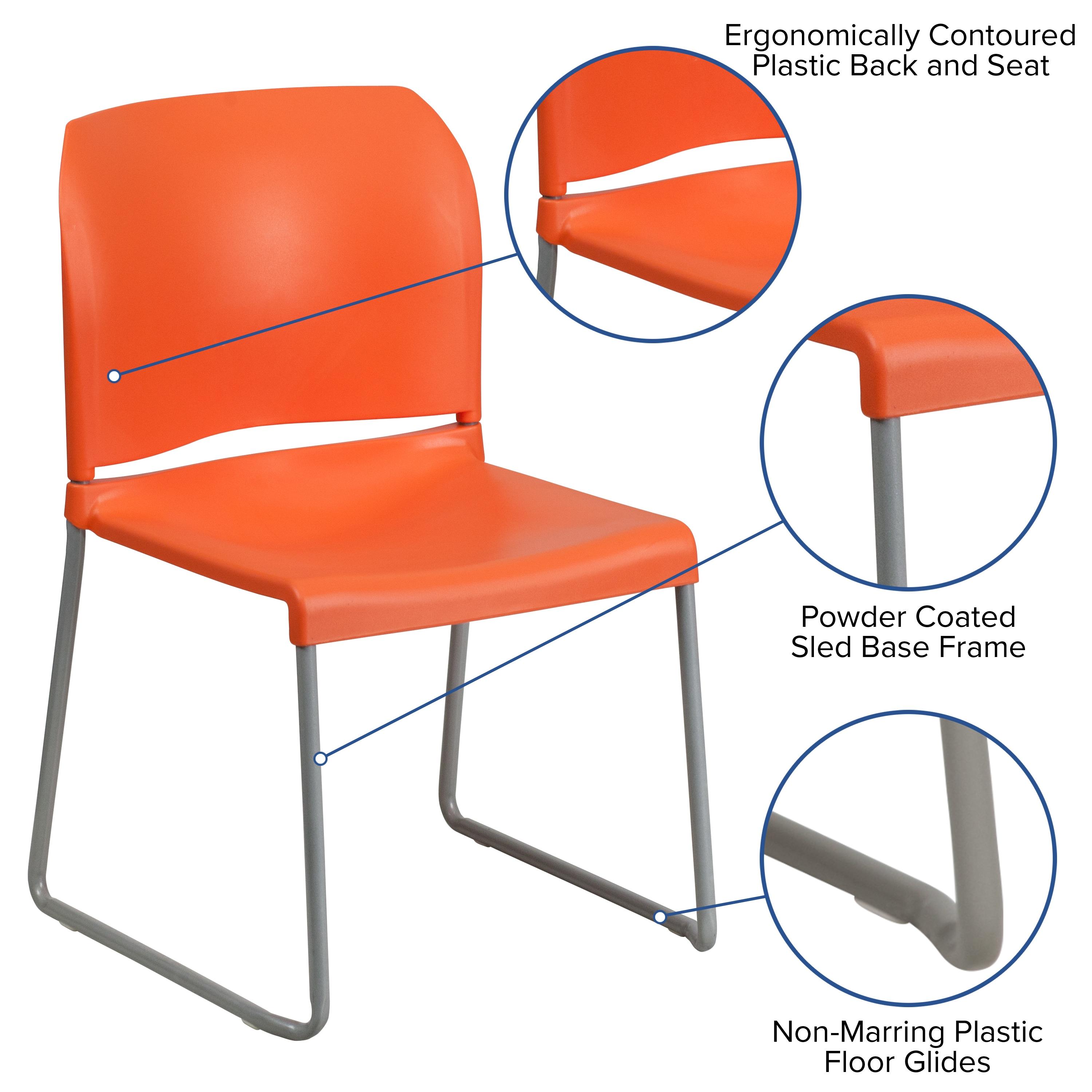 Flash Furniture HERCULES Series 880 lb. Capacity Orange Full Back Contoured Stack Chair with Gray Powder Coated Sled Base