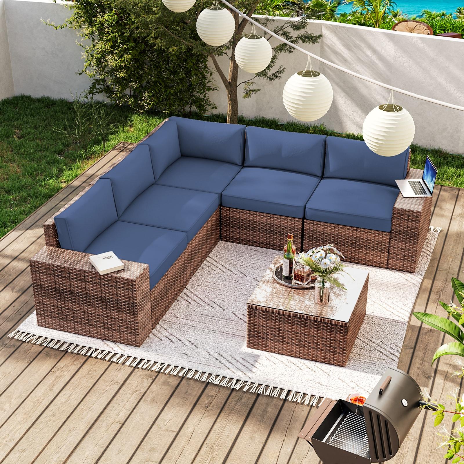 Aoxun 6-Piece Blue Rattan Outdoor Sectional Sofa Set