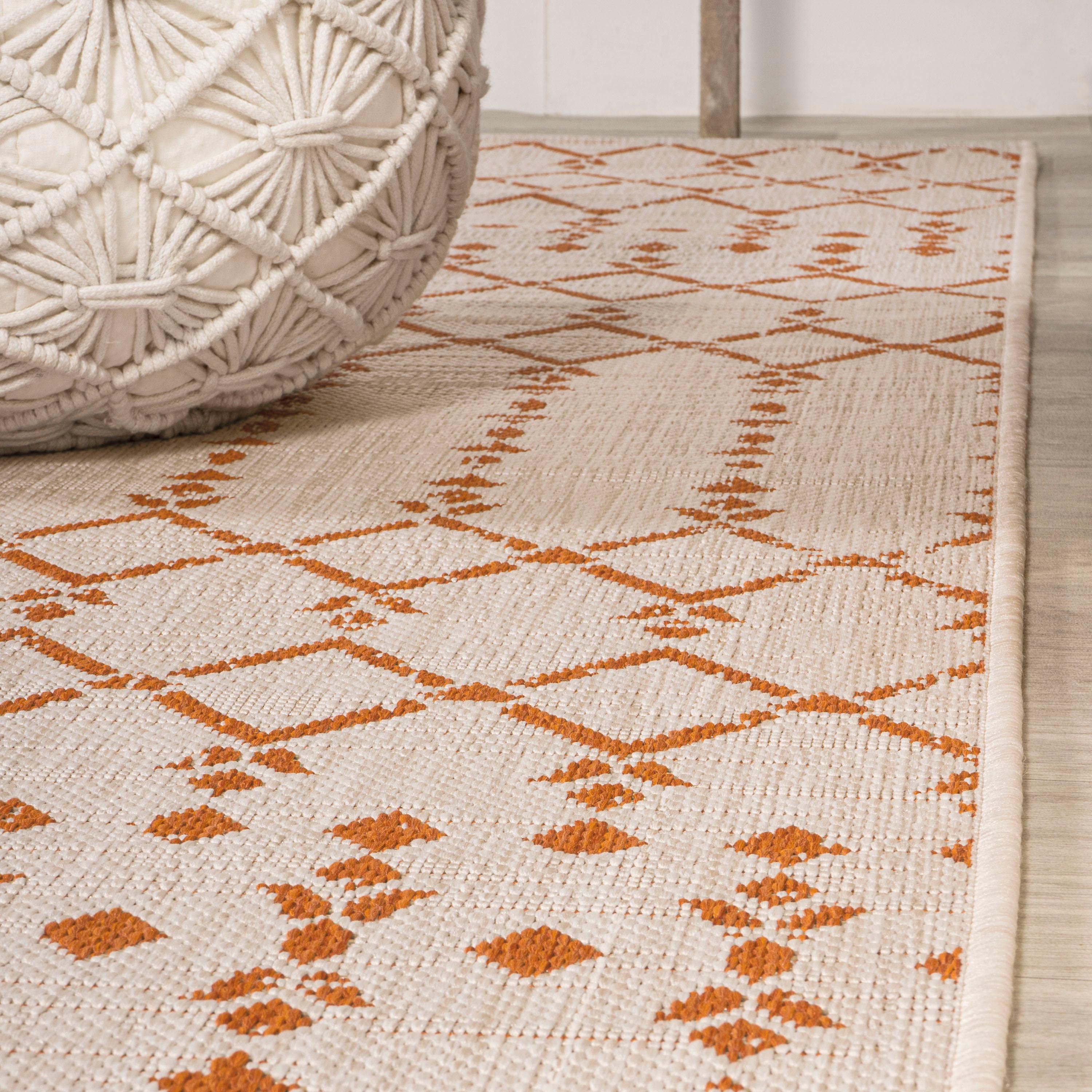 2' x 10' Ourika Moroccan Geometric Textured Weave Indoor/Outdoor Runner Rug, Cream/Orange - JONATHAN Y