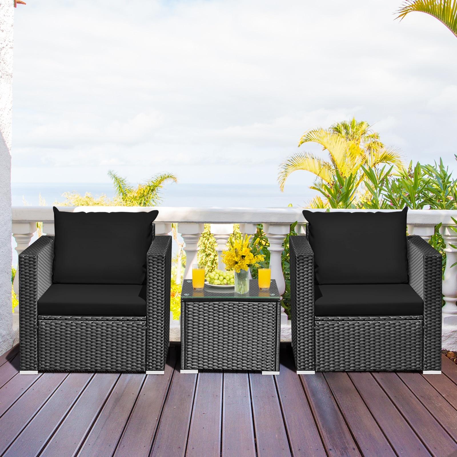 Resenkos 3 Pieces Patio Wicker Conversation Set, Outdoor Furniture Garden Conversation Bistro Sets with Coffee Table and Cushions-Black