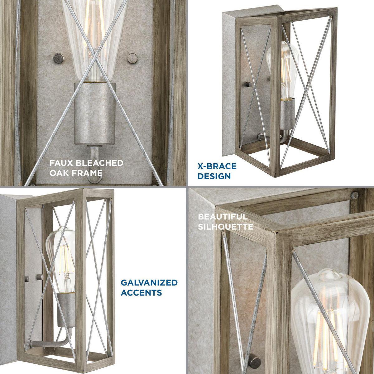 Progress Lighting Briarwood 1-Light Wall Sconce, Galvanized Steel, X-Brace Design, Faux Wood Frame