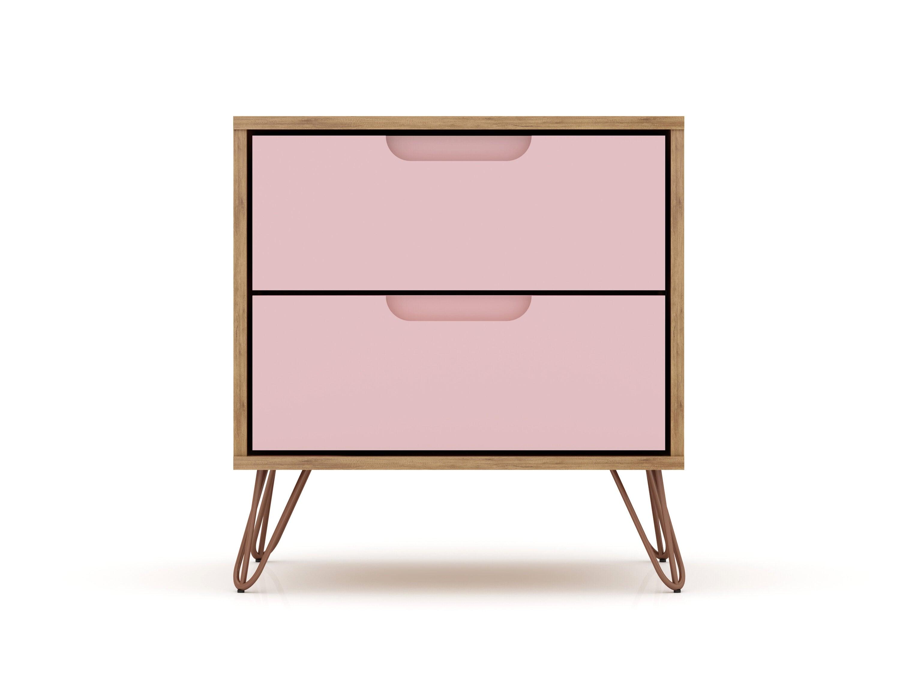 2.0 Rockefeller Nightstand Natural/Rose Pink - Manhattan Comfort: Modern MDF Bedside Storage with Metal Glides