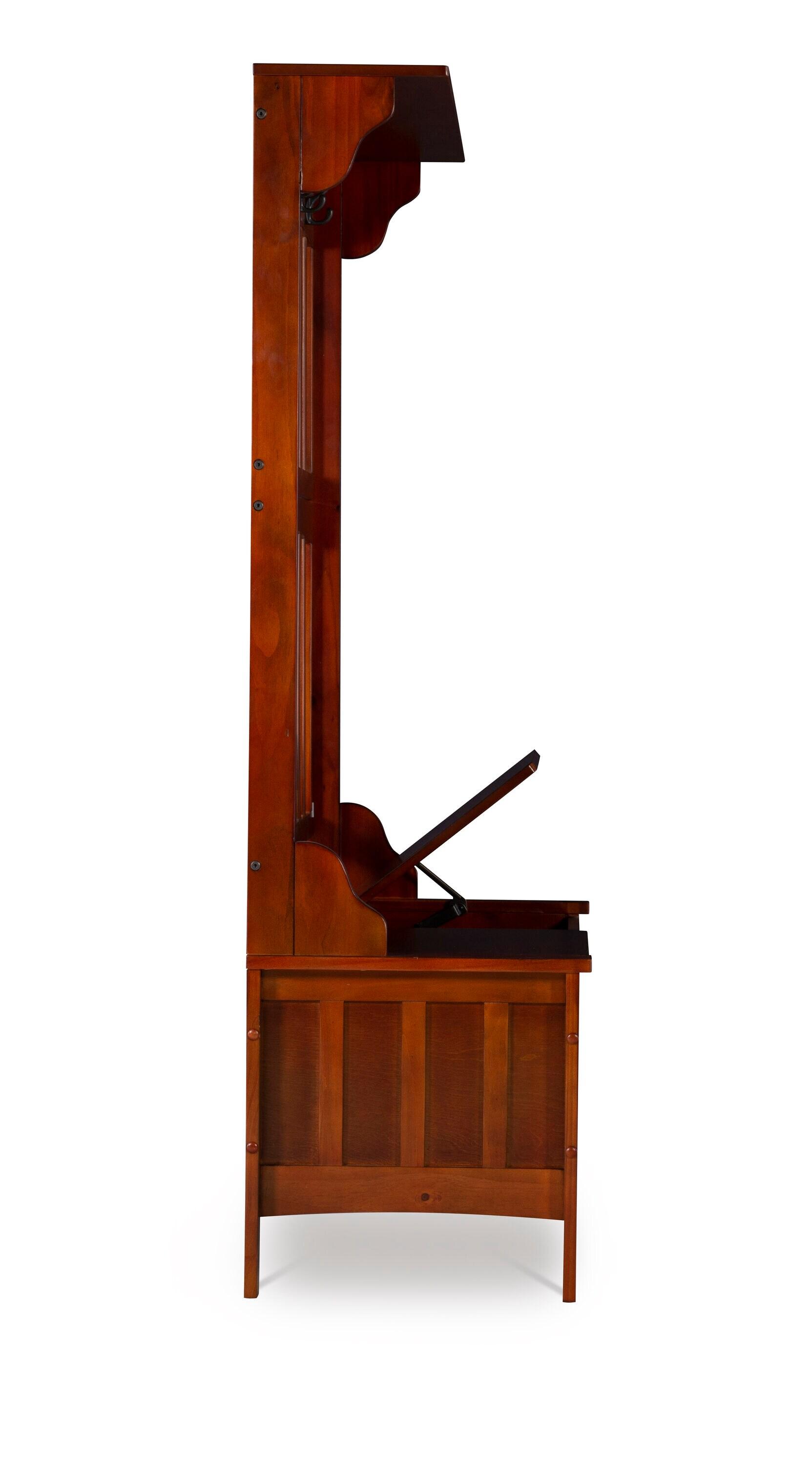 Misson Traditional 4 Double Hooks Storage Bench Top Shelf Hall Tree Walnut Finish - Linon: Entryway Organizer, Flip-up Seat