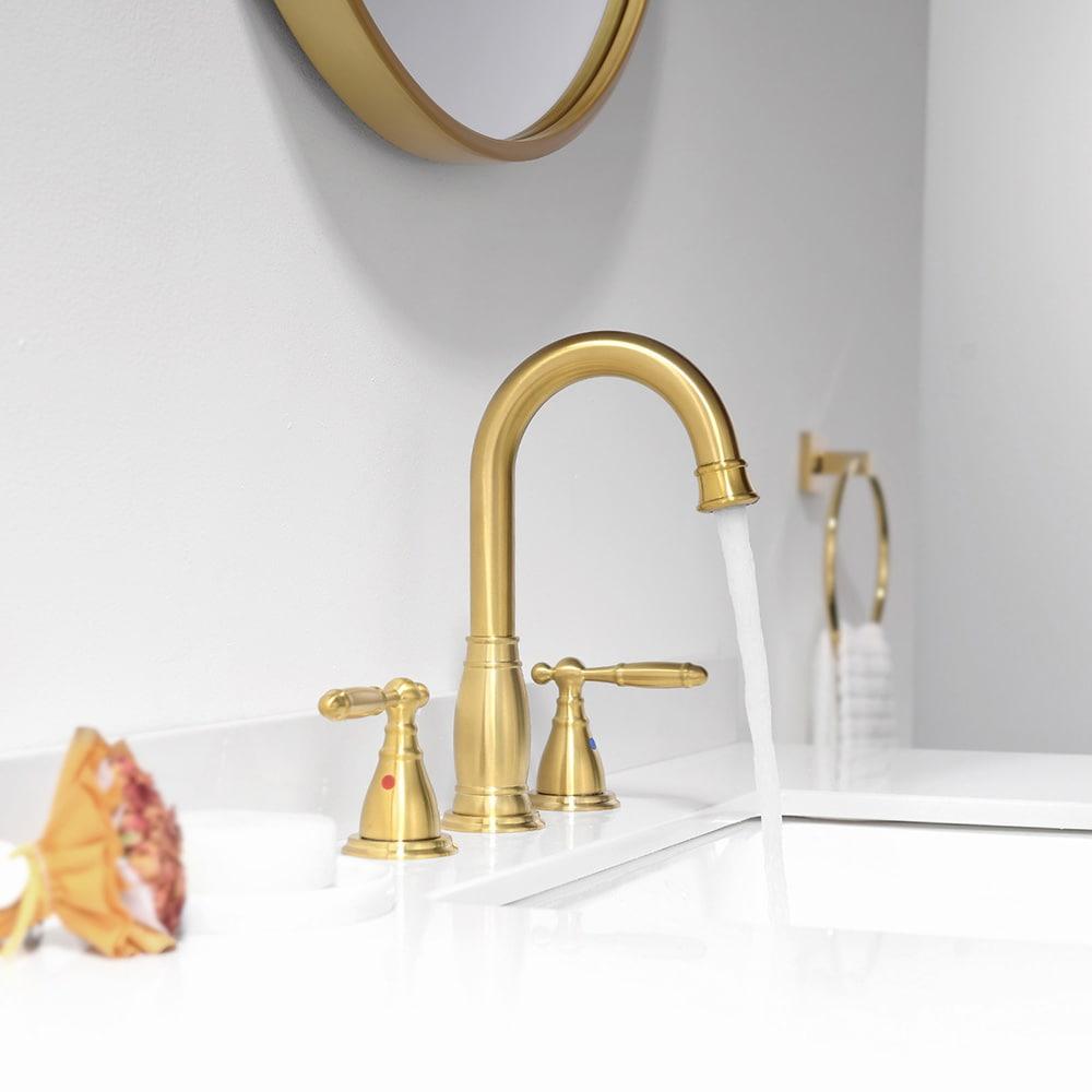 Phiestina Brushed Gold Widespread 2-handle High-arc Commercial/Residential Handle Bathroom Sink Faucet with Drain