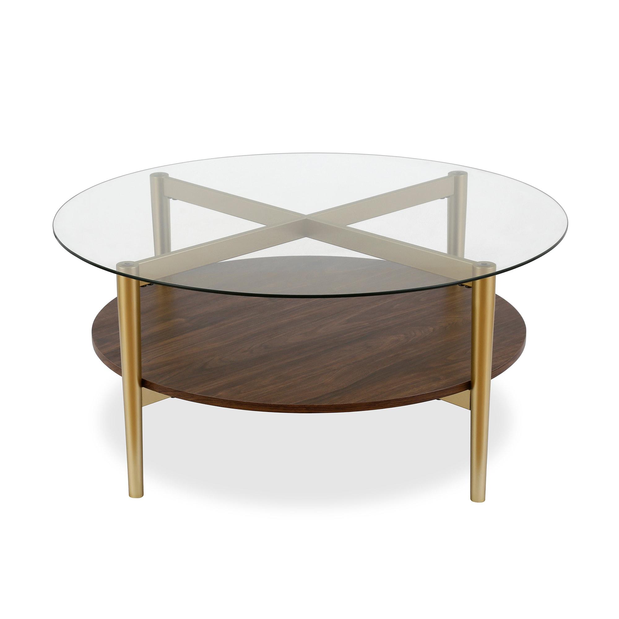 Evelyn&Zoe Otto 36" Wide Round Coffee Table with MDF Shelf, Gold/Walnut