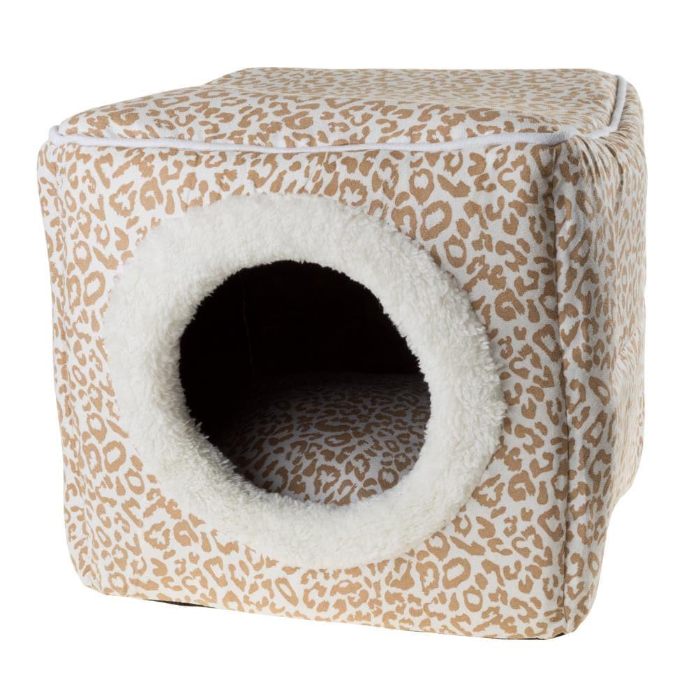 Enclosed Cat Cave Hideout Pet Bed Tan Animal Print Removable Cushion