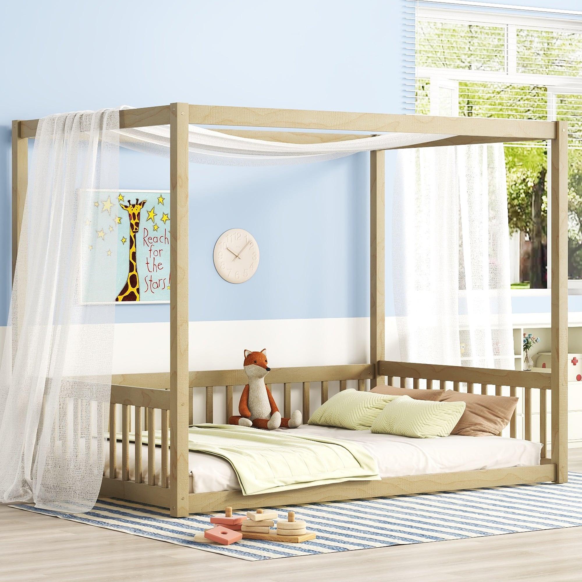 Canopy Frame Twin Size Floor Bed for Kids Bedroom,Wood Bed Frame with Fence for Boys/Girls/Teens,No Box Spring Needed,Natural