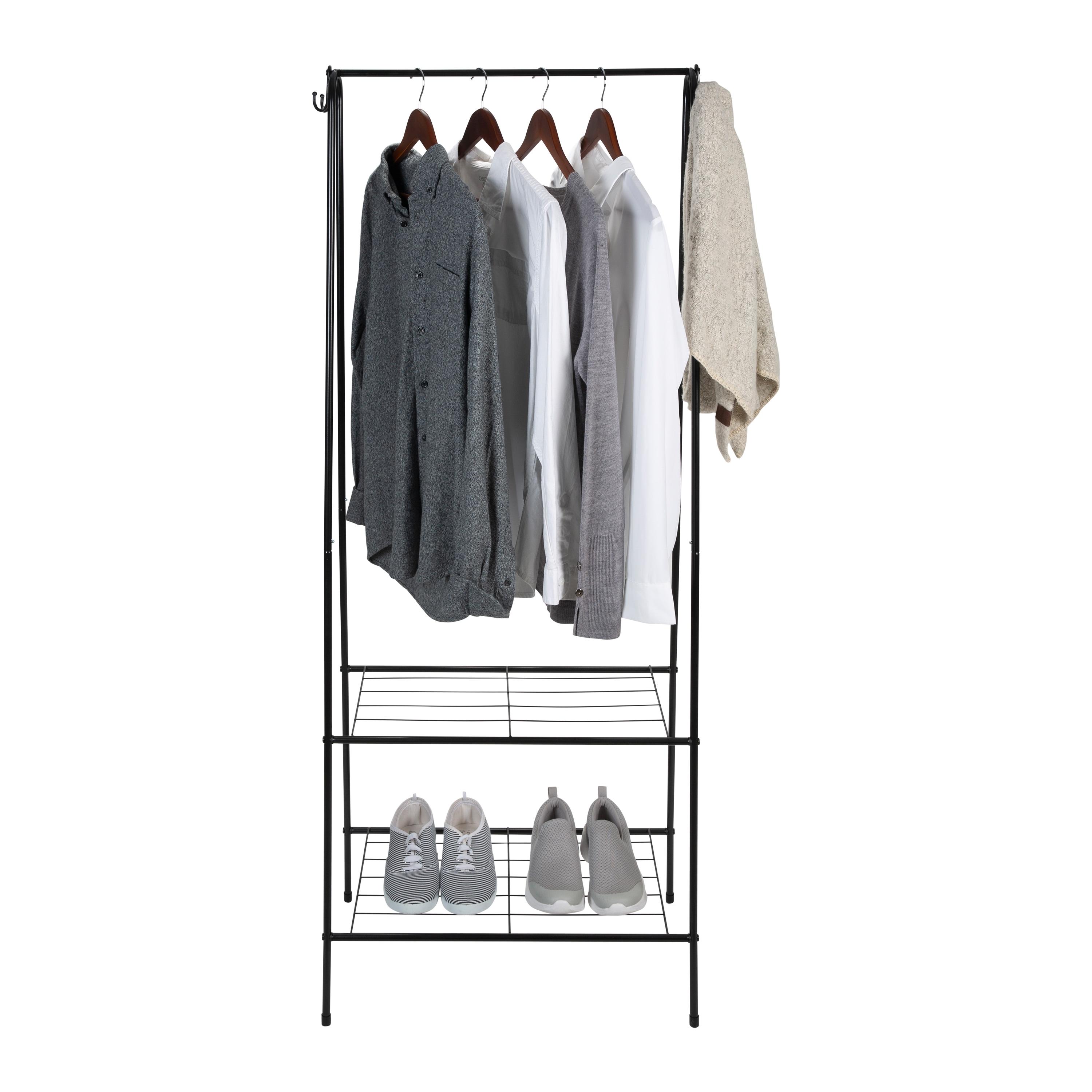 Organize It All Clothing Garment Rack with 2 Shelves and 2 Hooks Black